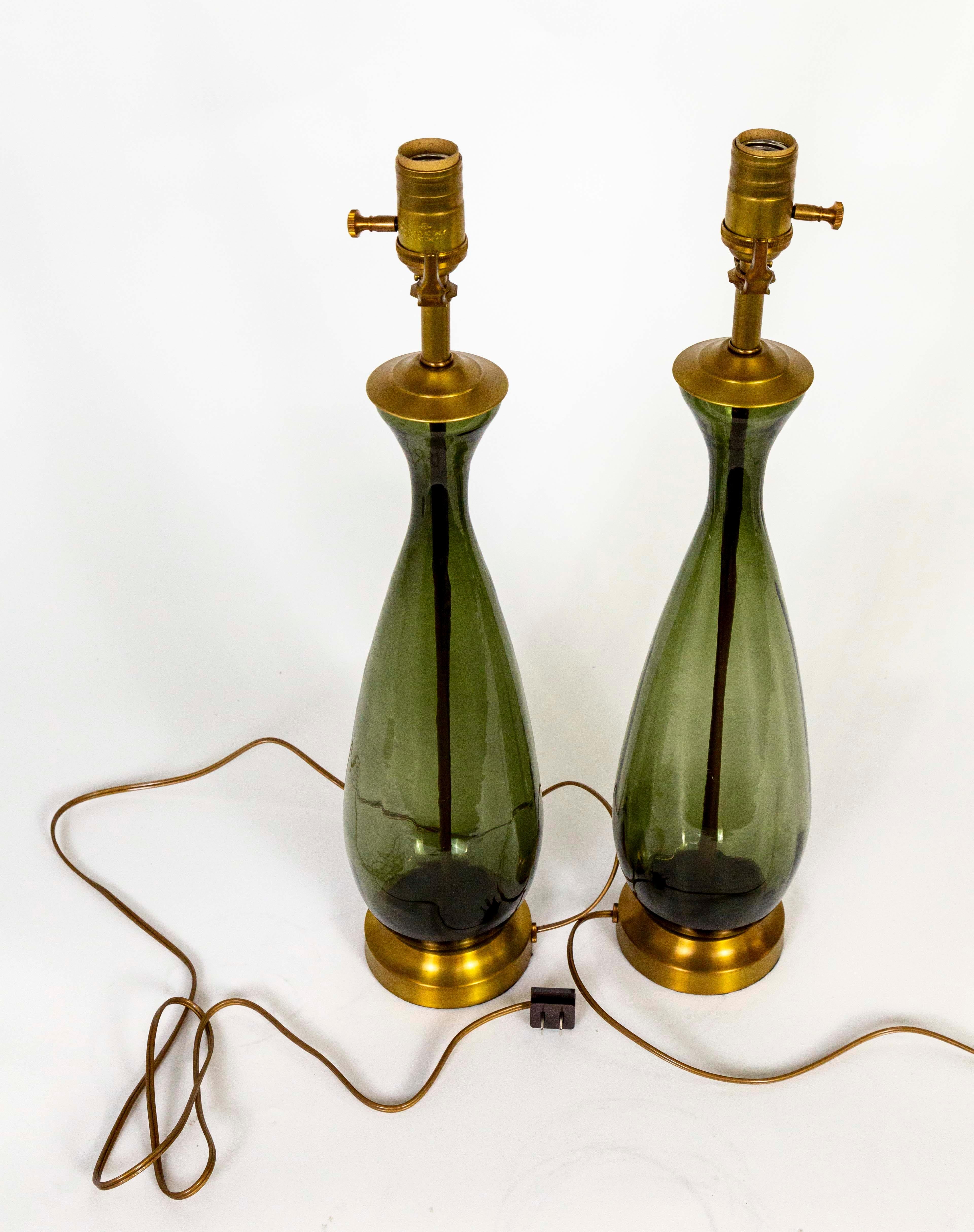 Italian Smoke Green Murano Glass Drop Lamps, Pair