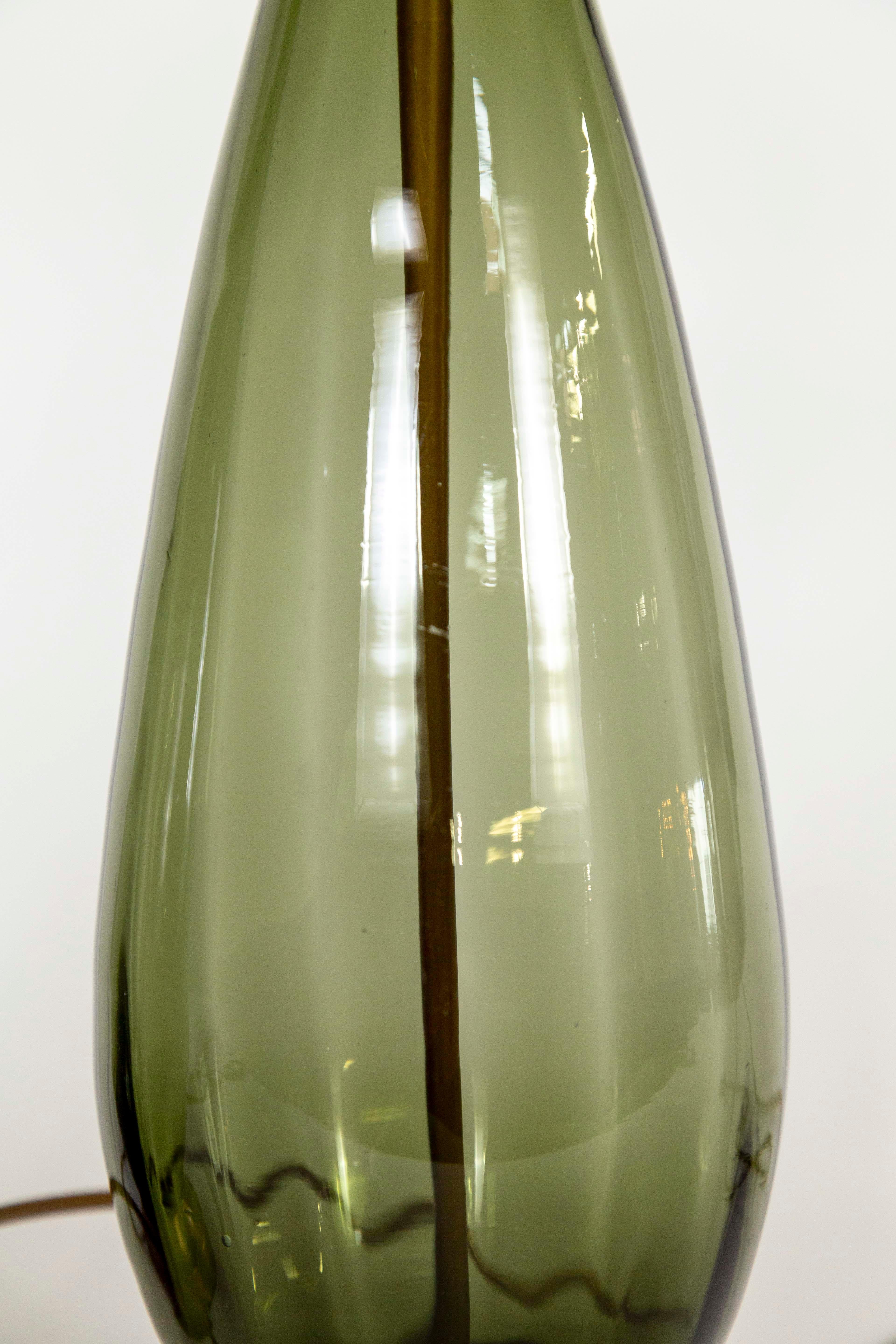 Brass Smoke Green Murano Glass Drop Lamps, Pair