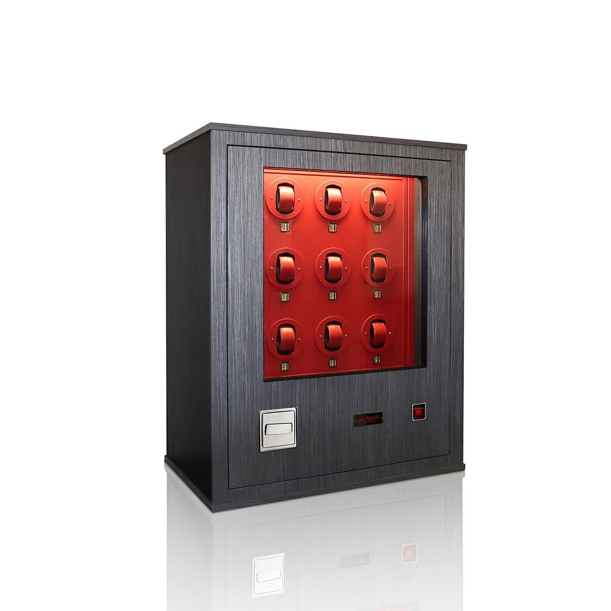 
IL FORZIERE DELLE ORE ROSSO

Armored chest in smoke grey oak and black leather with biometric opening and emergency key. Bulletproof and anti-theft glass, internal illumination. Nine Swiss-made winders for automatic watches. All winders are lined