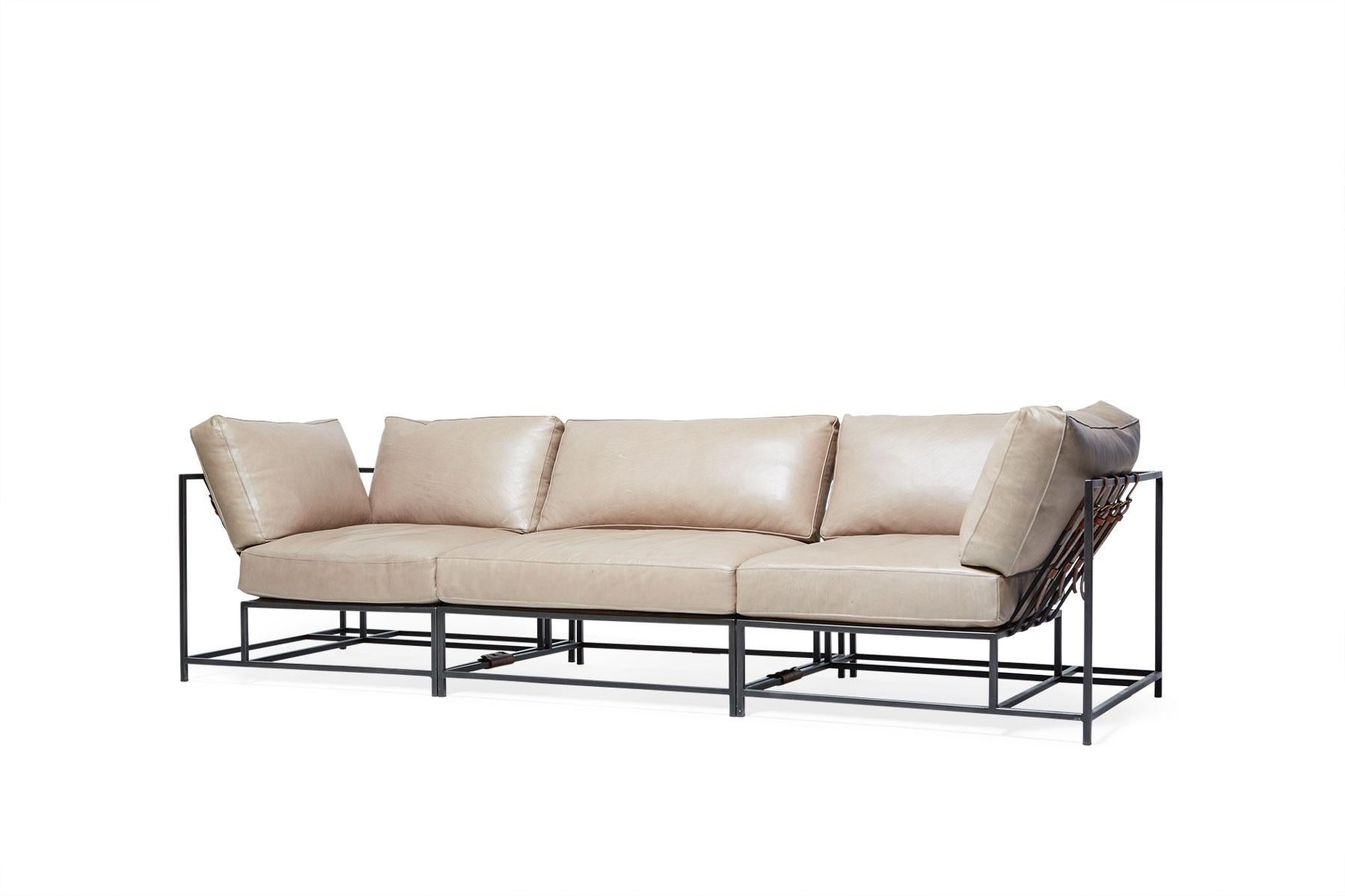 American Smoke Leather & Blackened Steel Sectional For Sale