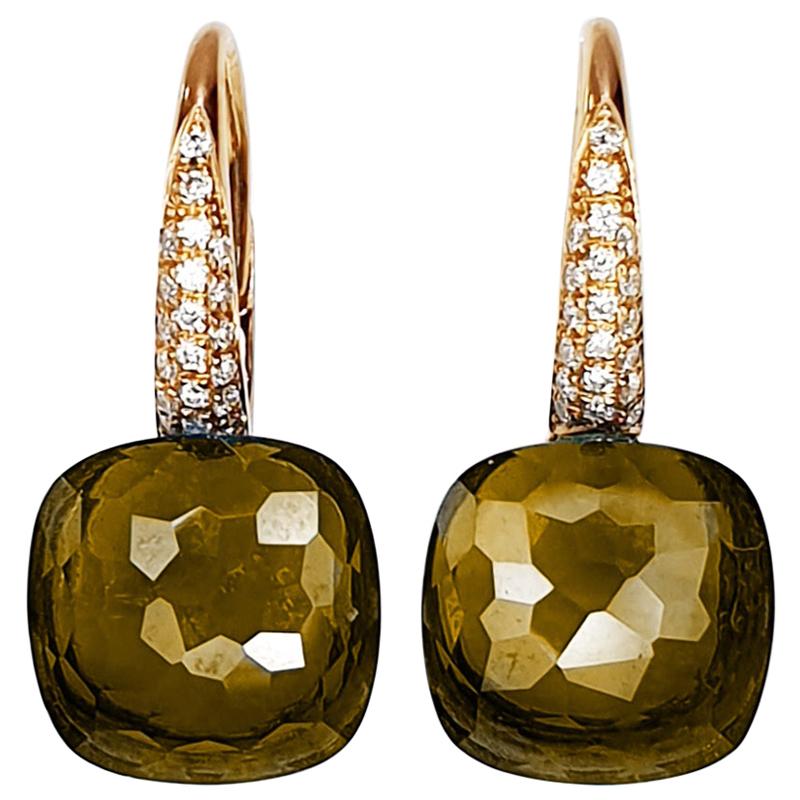 Smoke Quartz Multifaceted 18 Karat Gold Dangle Earrings with Pavé of Diamonds For Sale