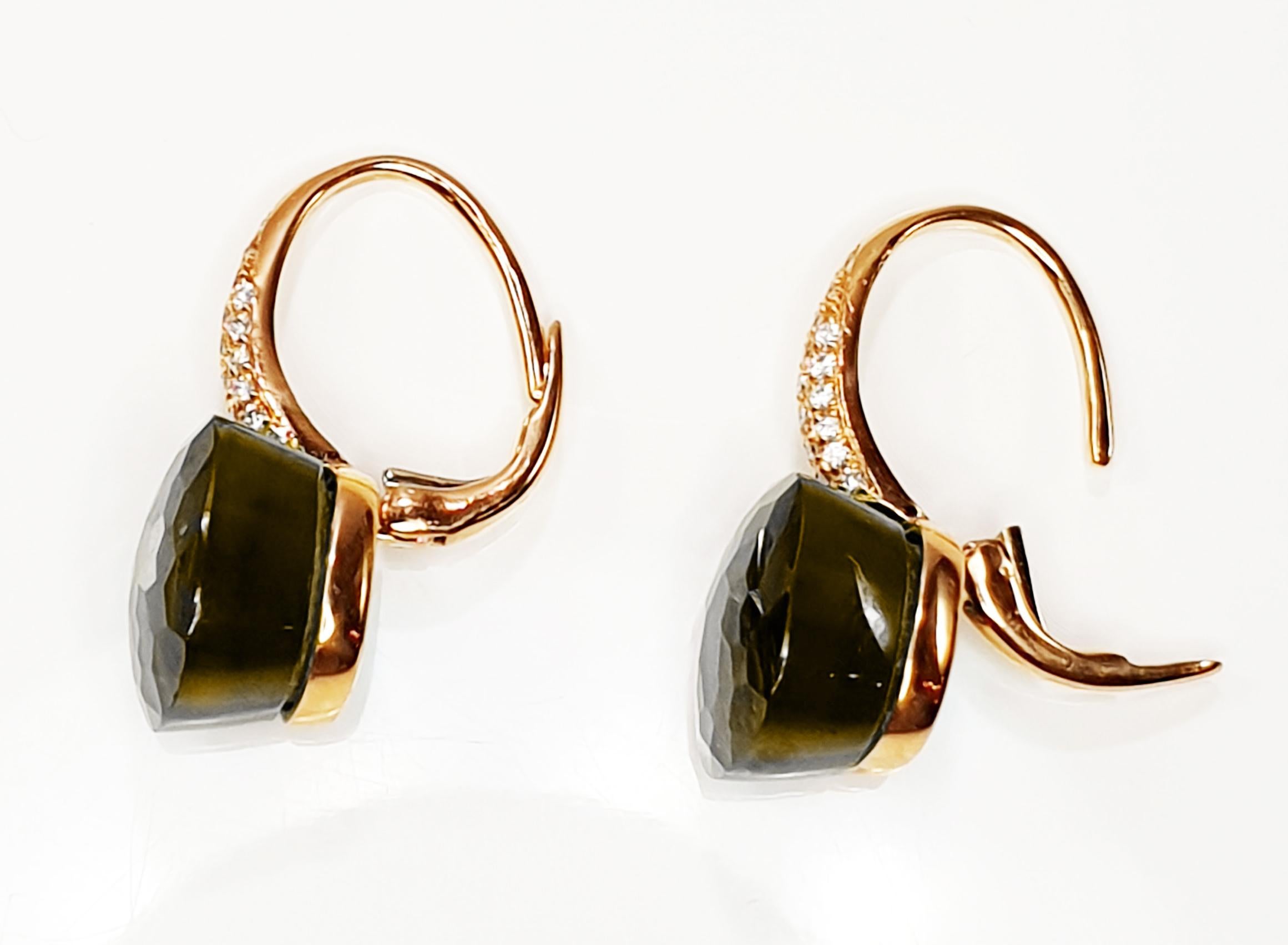 Contemporary Smoke Quartz Multifaceted 18 Karat Gold Dangle Earrings with Pavé of Diamonds For Sale