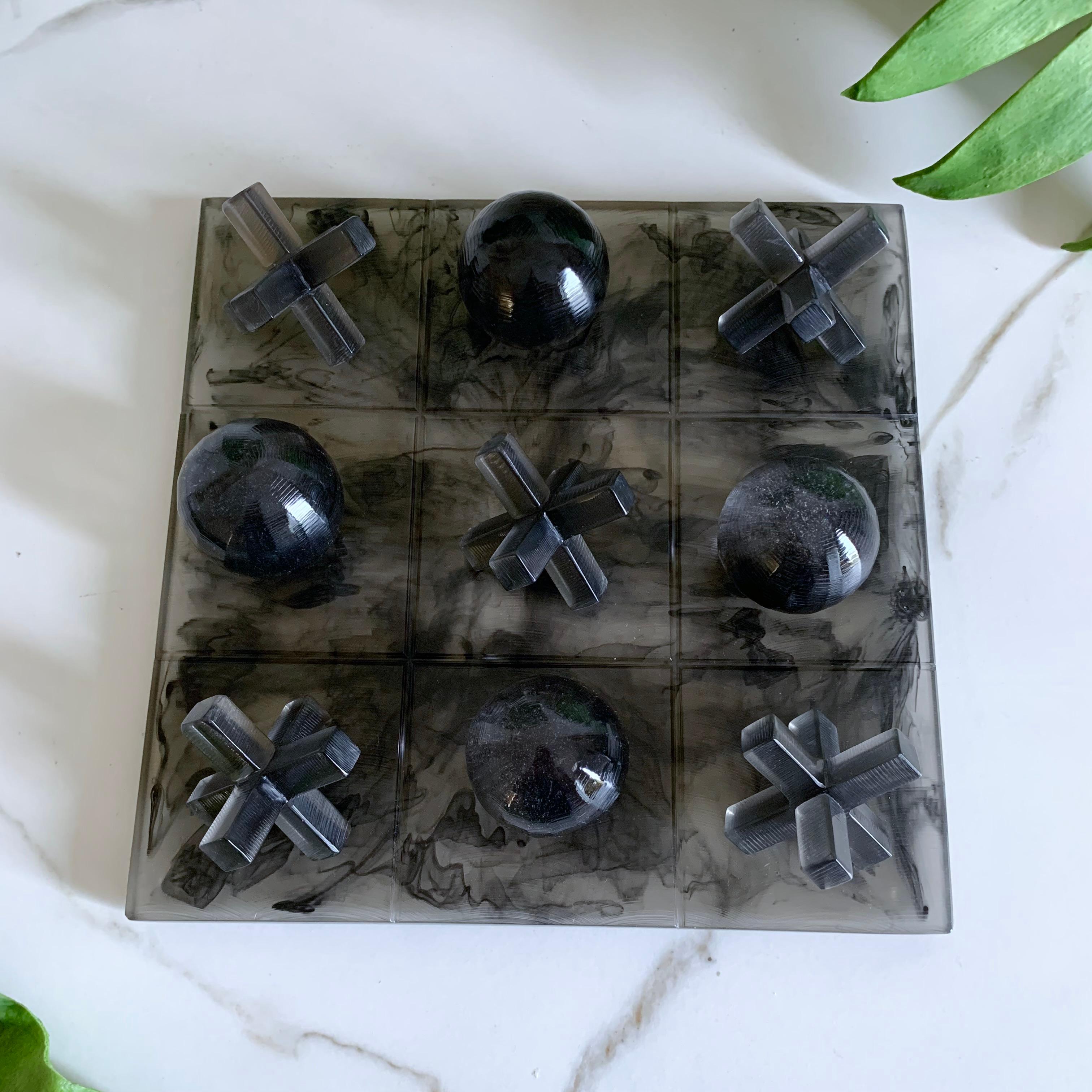 Modern Smoke with Black Marble Texture Resin Tic Tac Toe by Paola Valle For Sale