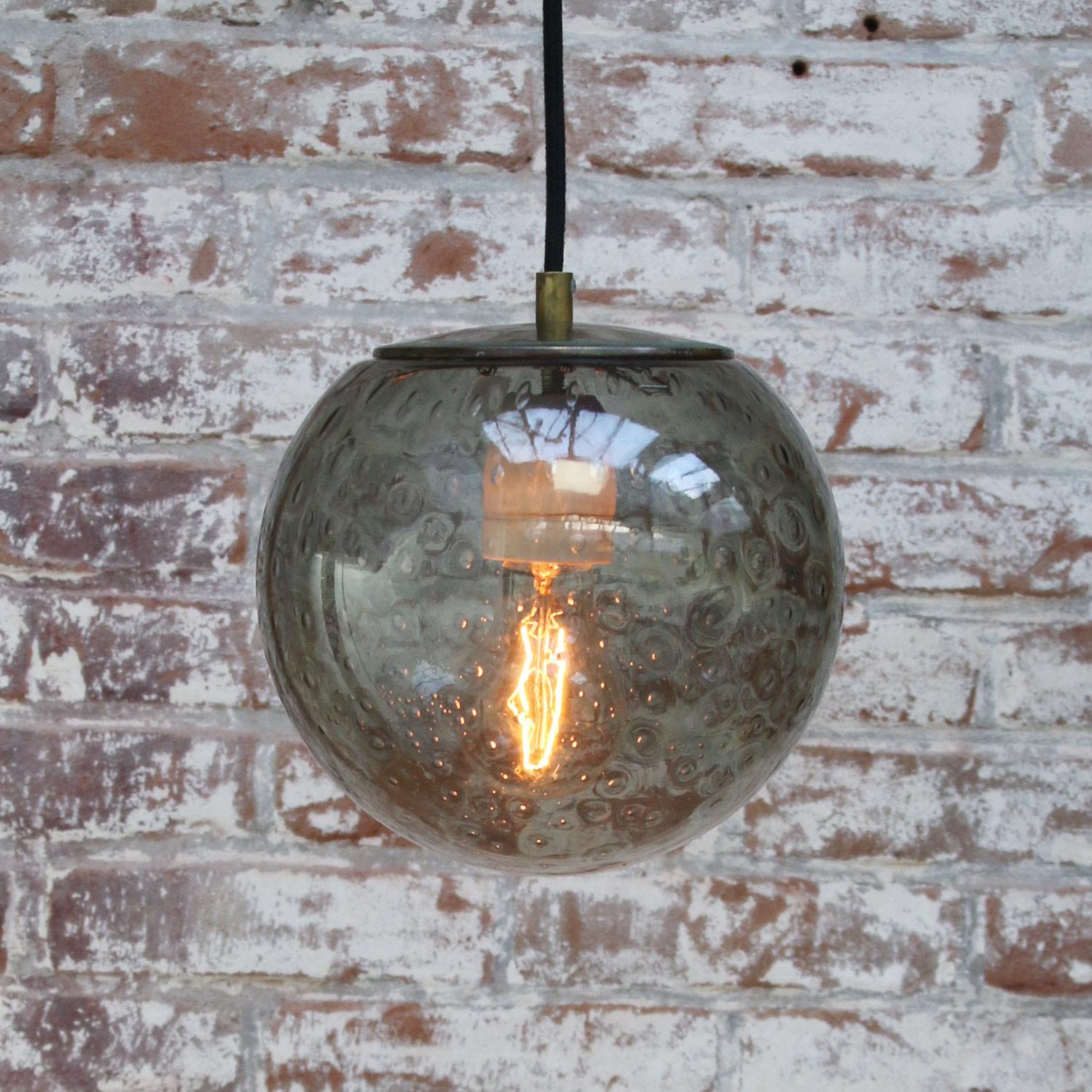 Mid-Century Modern Smoked Air Bubble Glass Globe Dutch Vintage Brass Top Pendant Lights For Sale