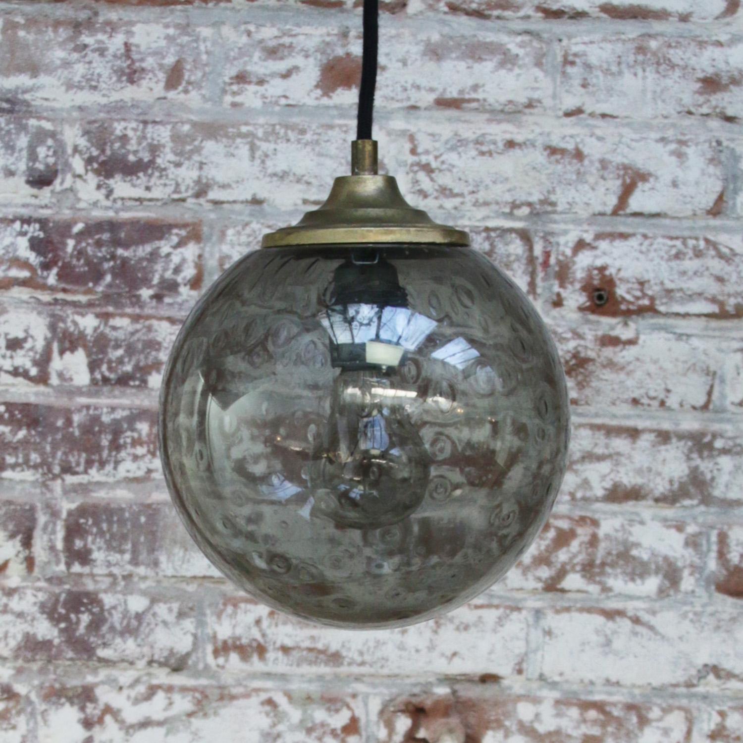 20th Century Smoked Air Bubble Glass Globe Dutch Vintage Brass Top Pendant Lights For Sale