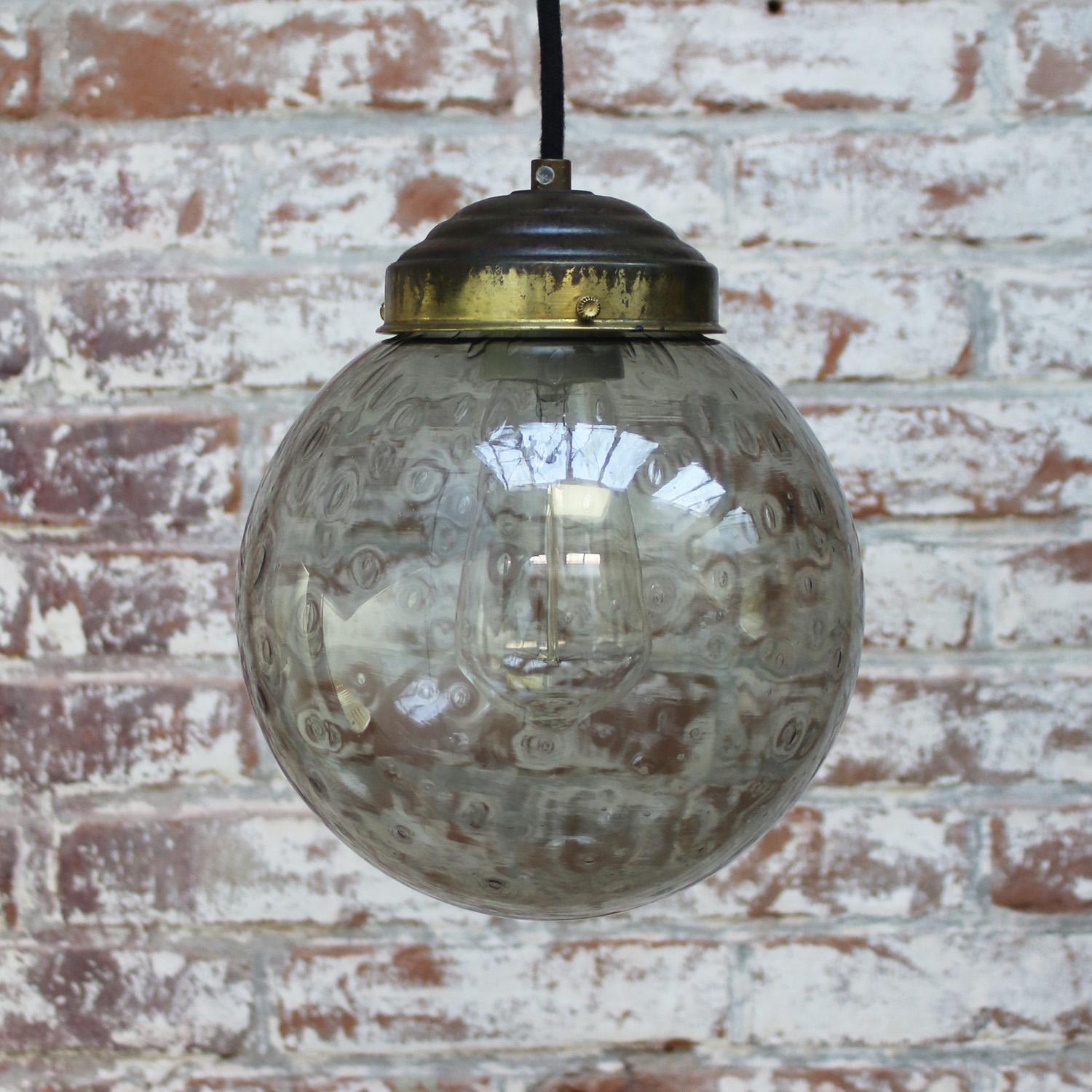 20th Century Smoked Air Bubble Glass Globe Dutch Vintage Brass Top Pendant Lights For Sale