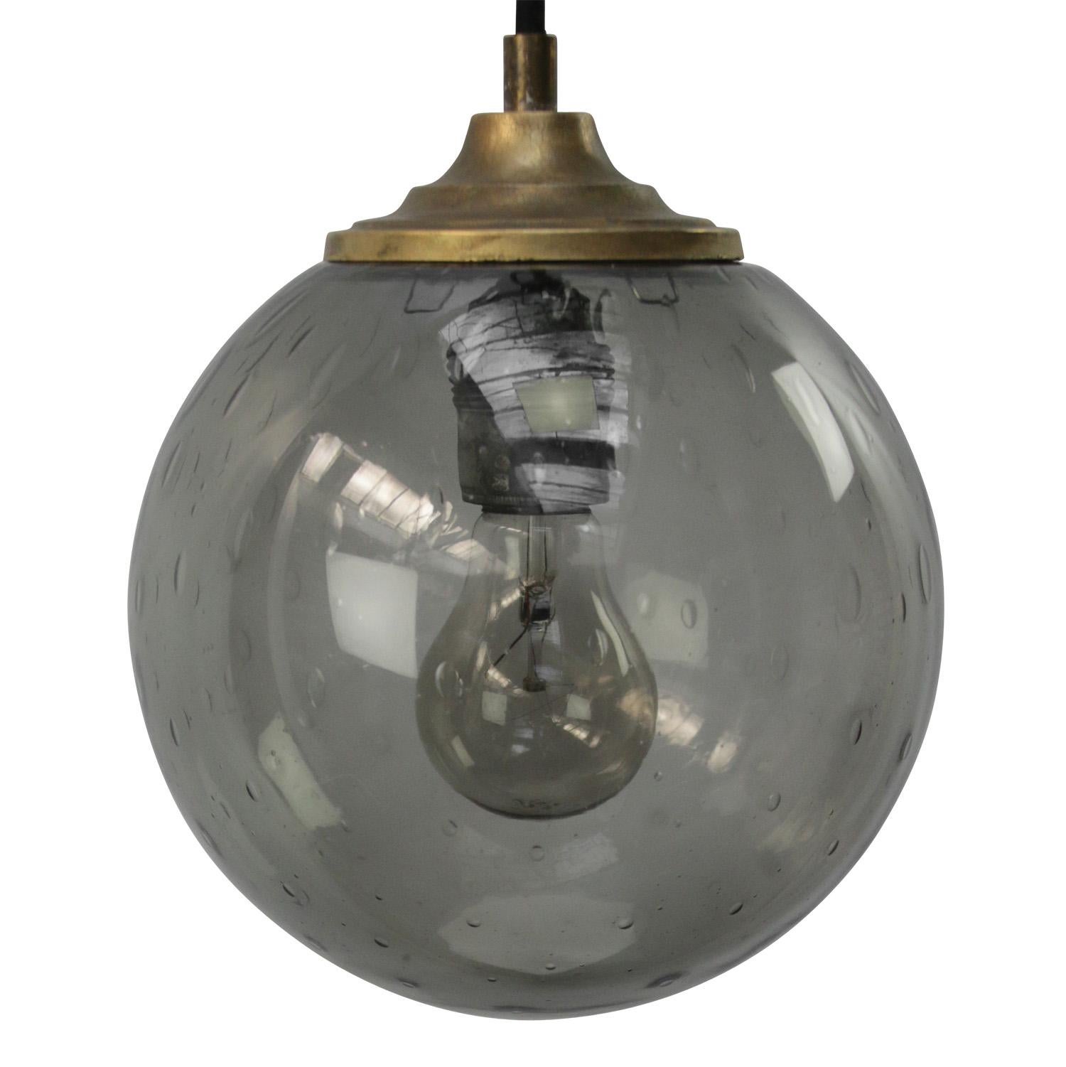 Smoked Air Bubble Glass Globe Dutch Vintage Brass Top Pendant Lights For Sale 1
