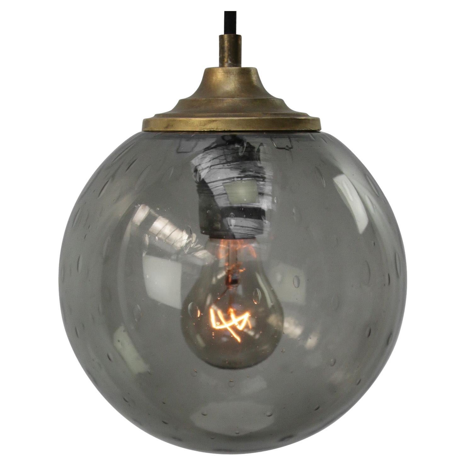 Smoked Air Bubble Glass Globe Dutch Vintage Brass Top Pendant Lights For Sale
