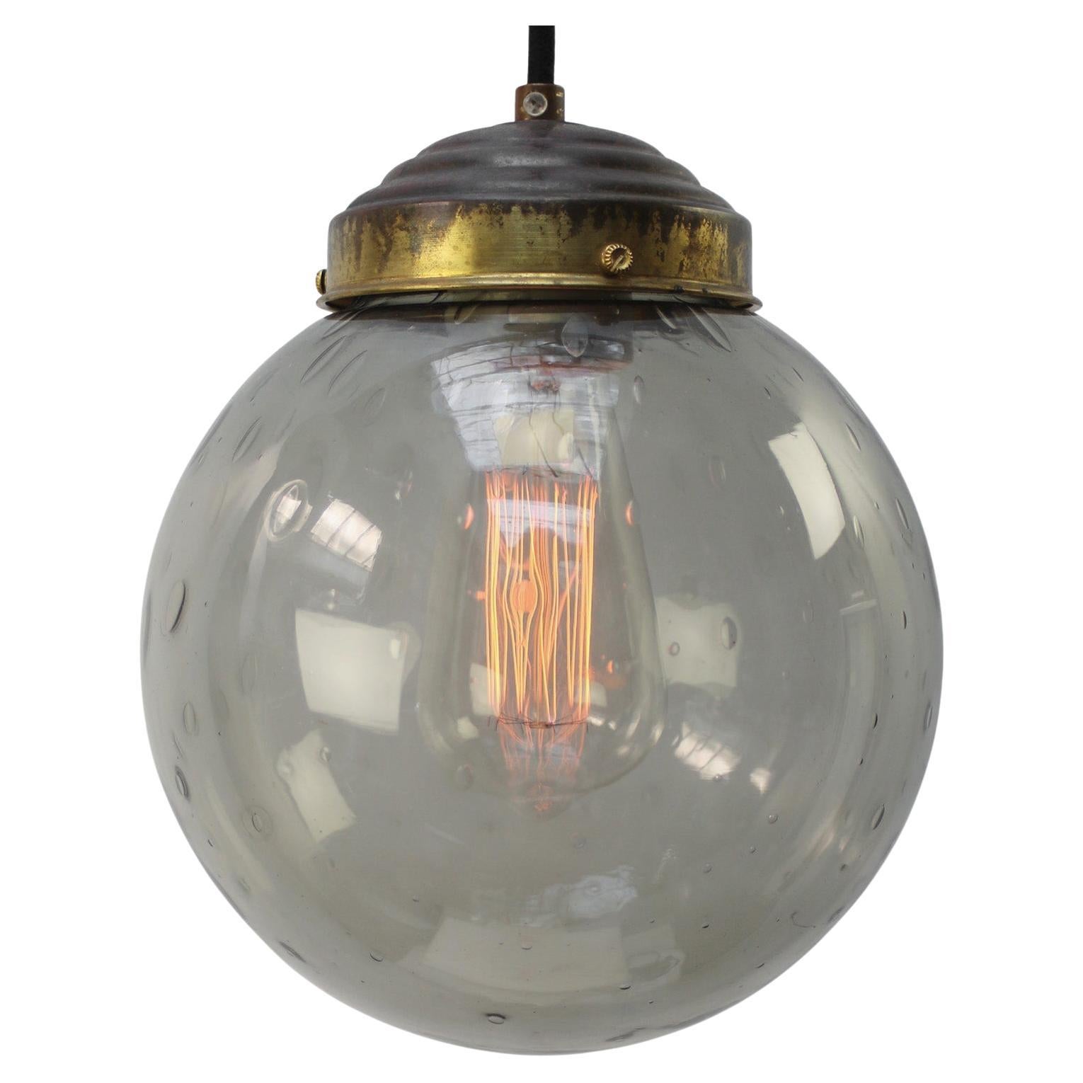 Smoked Air Bubble Glass Globe Dutch Vintage Brass Top Pendant Lights For Sale