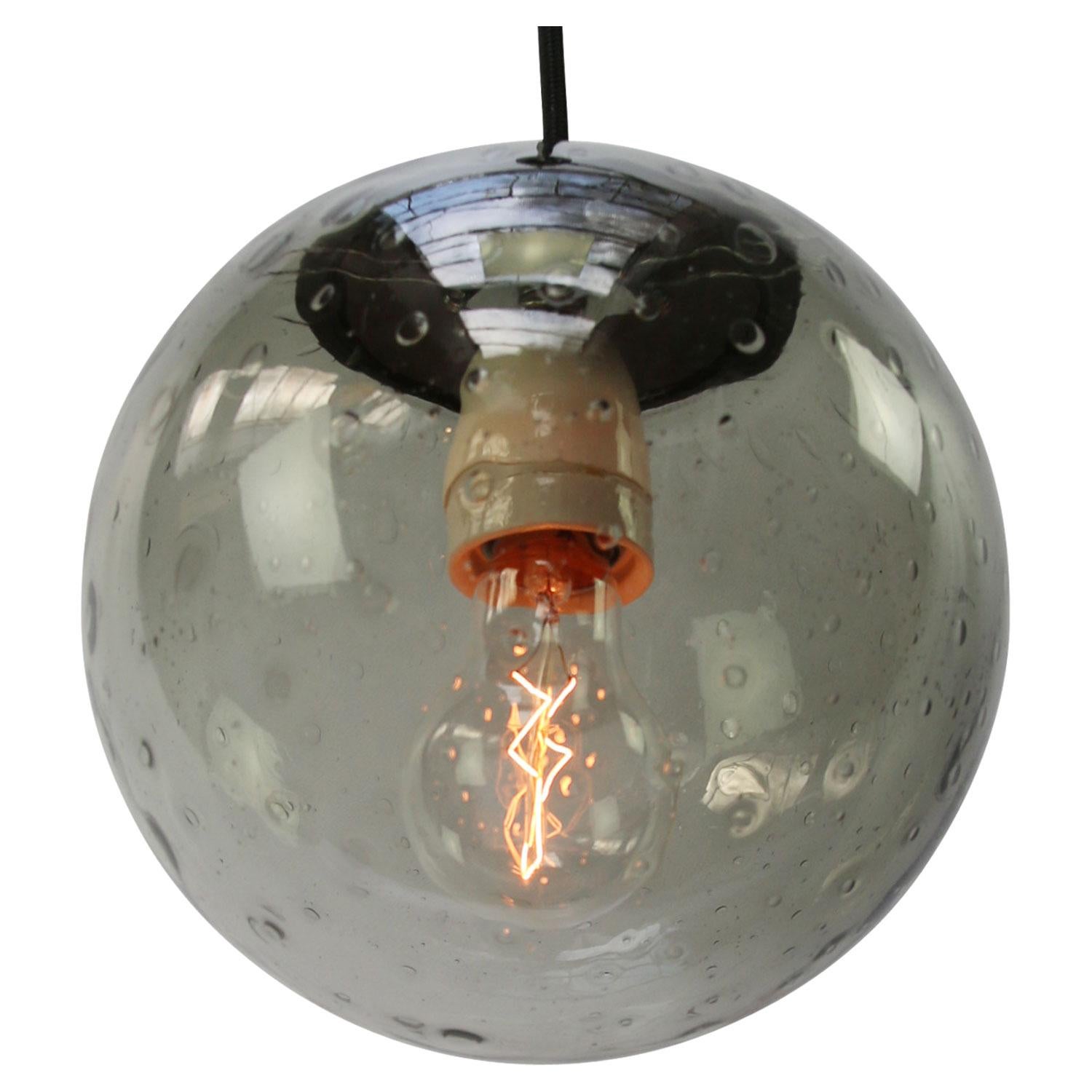 Mid-Century Modern Smoked Air Bubble Glass Globe Vintage Dutch Metal Top Pendant Lights
