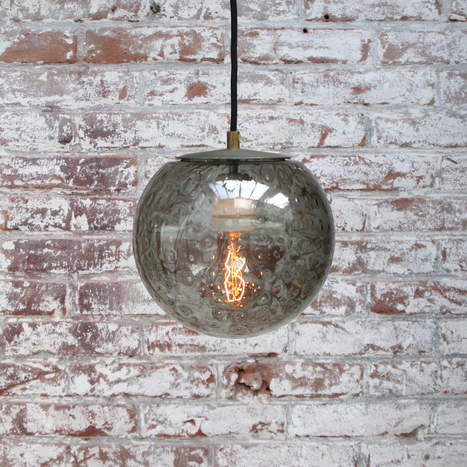 Smoked Air Bubble Glass Globe Vintage Dutch Metal Top Pendant Lights In Good Condition In Amsterdam, NL