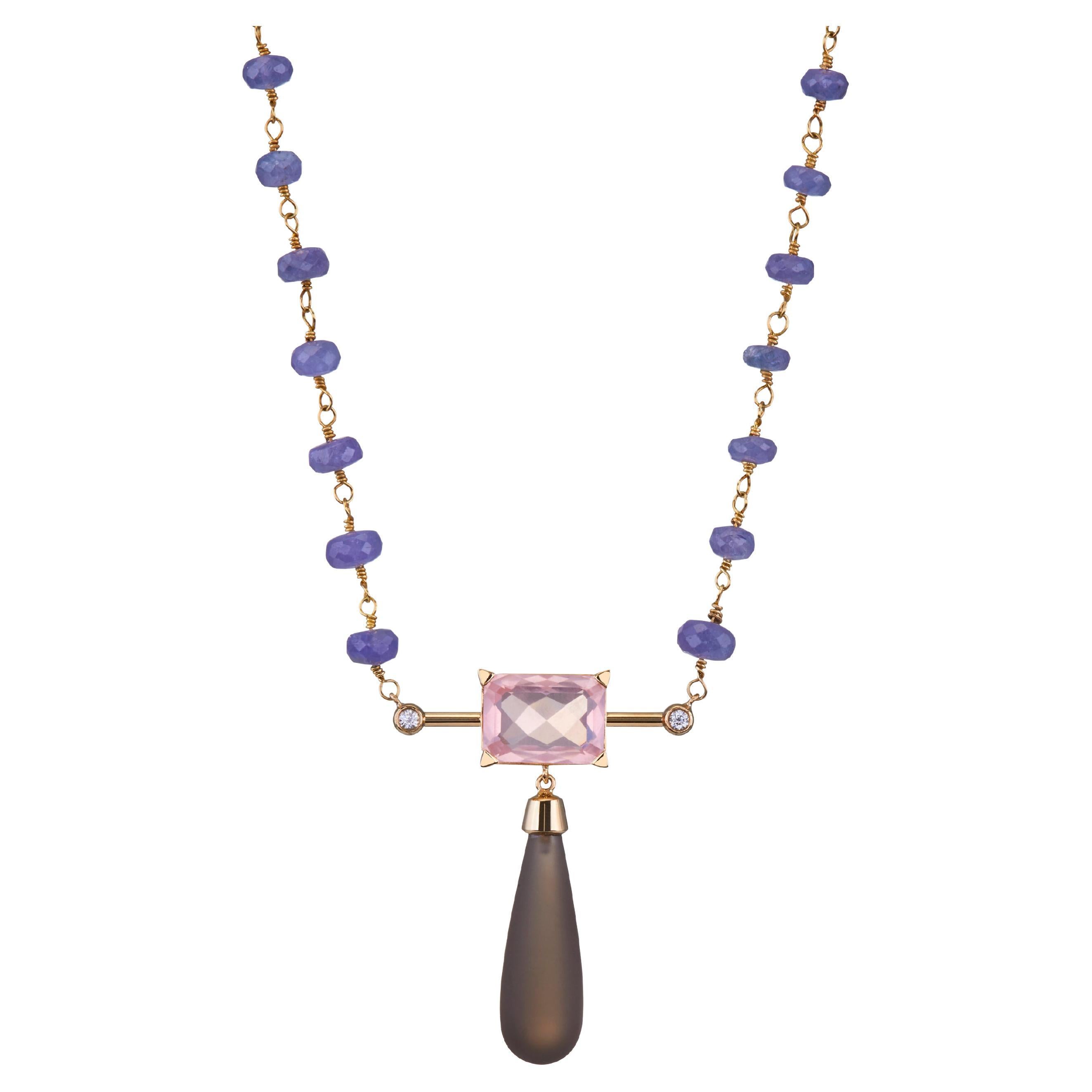 Smoked and Rose Pendant Necklace in 18Kt Yellow Gold and Tanzanate with Diamonds