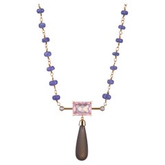 Smoked and Rose Pendant Necklace in 18Kt Yellow Gold and Tanzanate with Diamonds