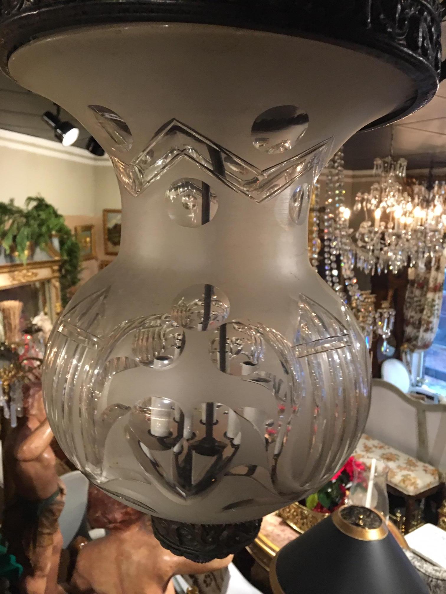 Smoked Bell Lantern with Oxidized Finish and Frosted Glass, 20th Century In Good Condition In Savannah, GA