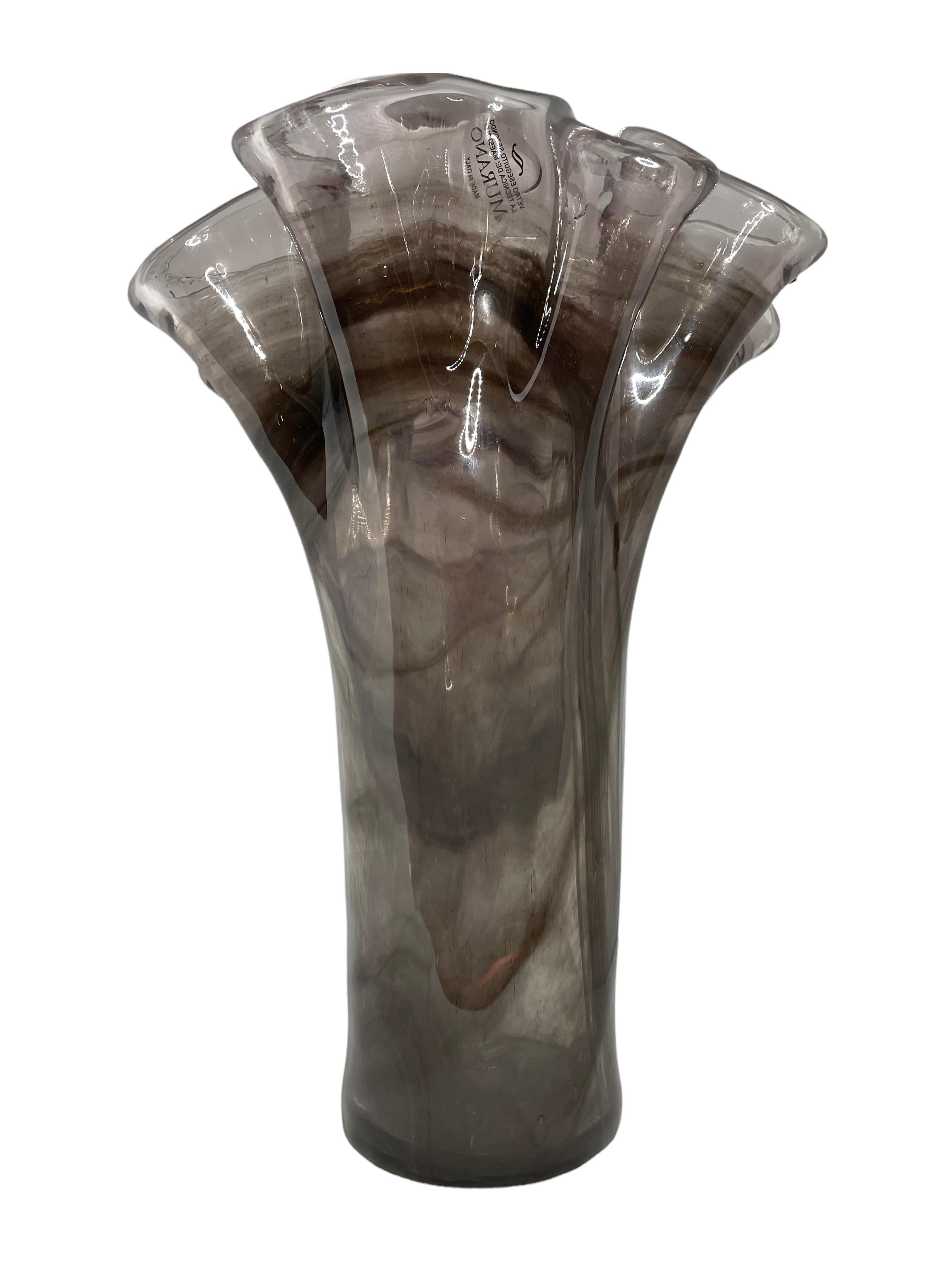 Italian Smoked Black & Grey Art Glass Murano Handkerchief Vase, Modern, 1980s