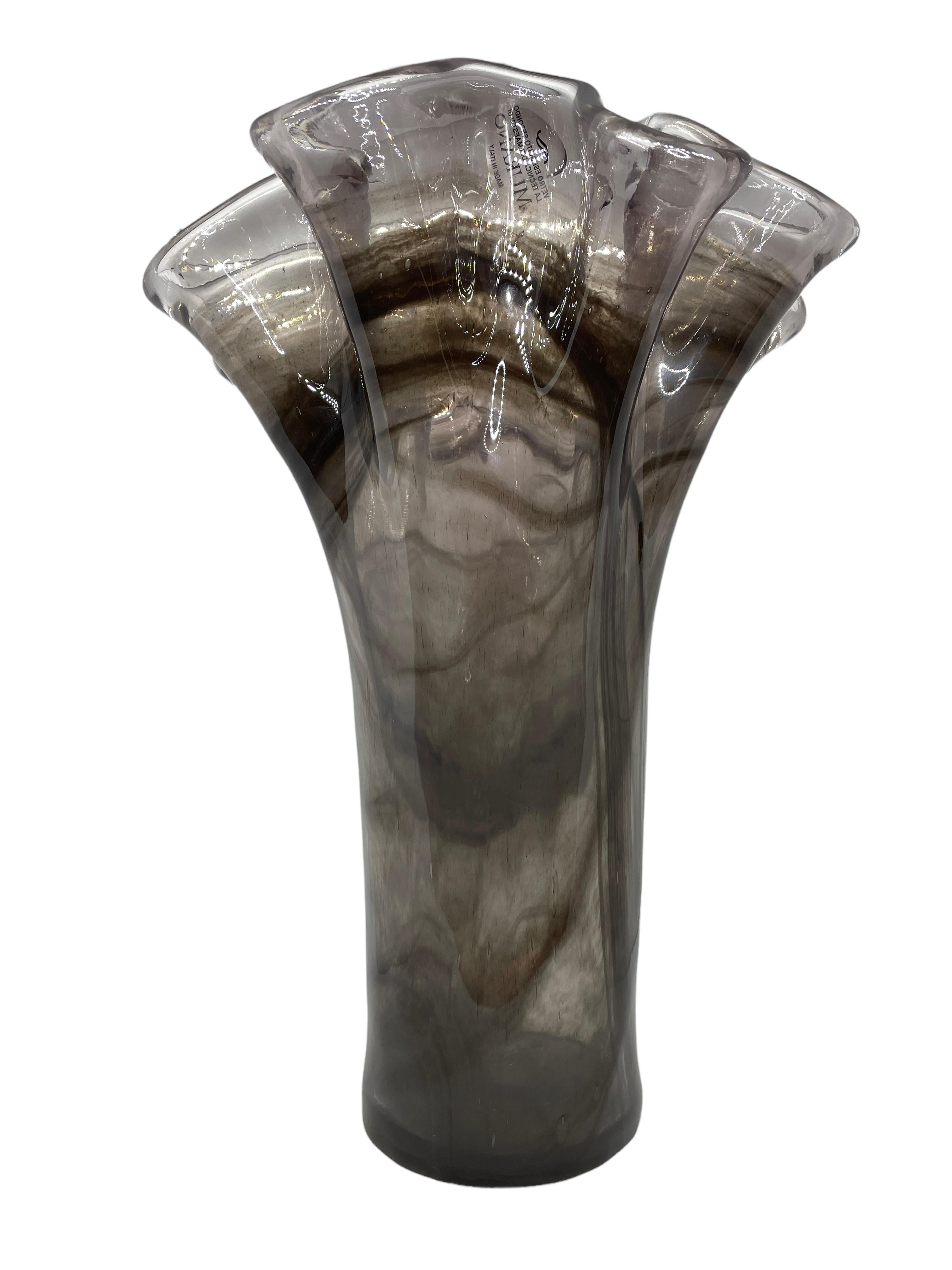 Hand-Crafted Smoked Black & Grey Art Glass Murano Handkerchief Vase, Modern, 1980s