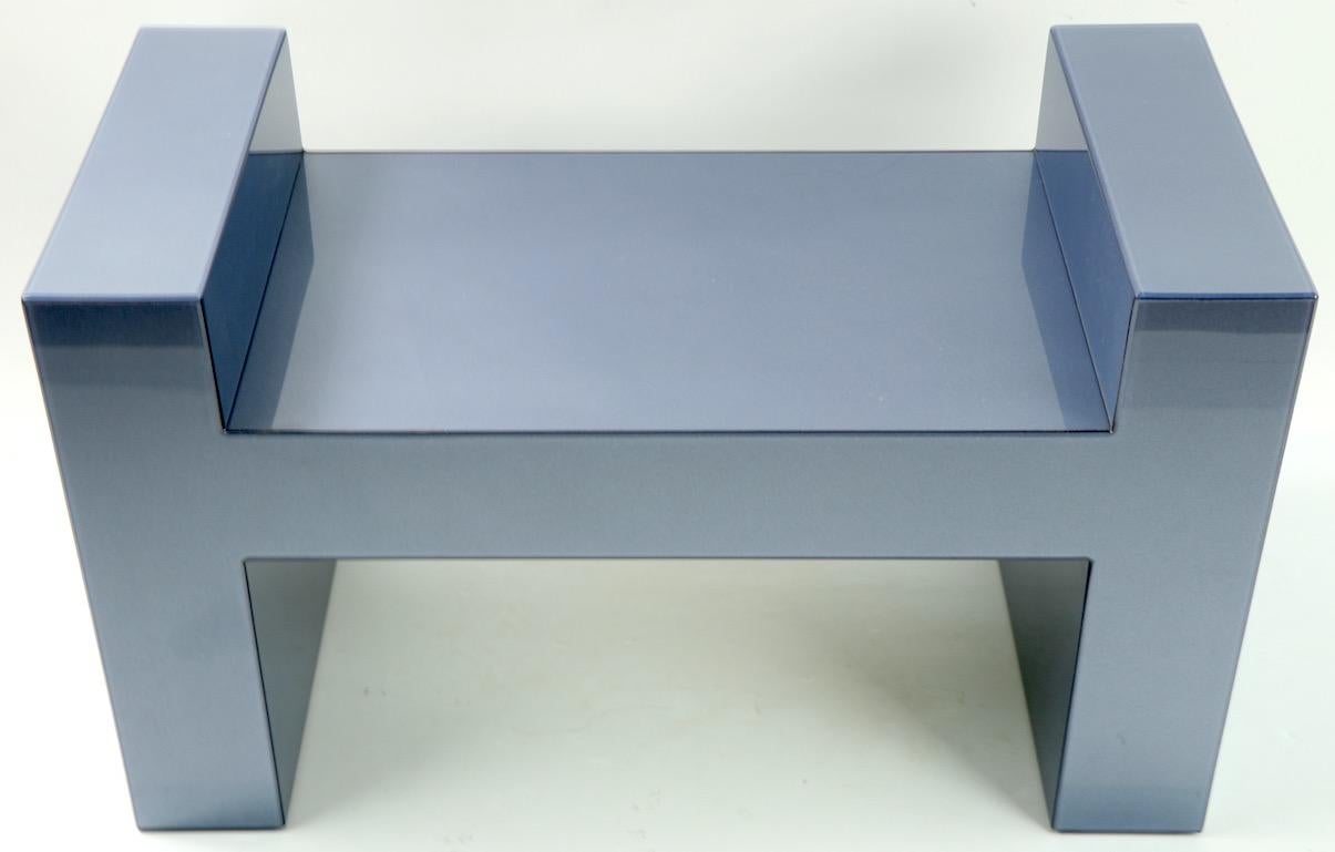 Spectacular signed ( illegible ) smoked blue/grey bench, stool, with original upholstered seat. Chic and sophisticated architectural design, top quality construction, great condition. Original, clean and ready to use condition.
Cushion 22 inch W x
