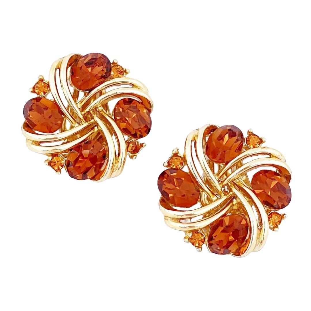 Smoked Brown Topaz Crystal Pinwheel Earrings By Lisner, 1960s For Sale