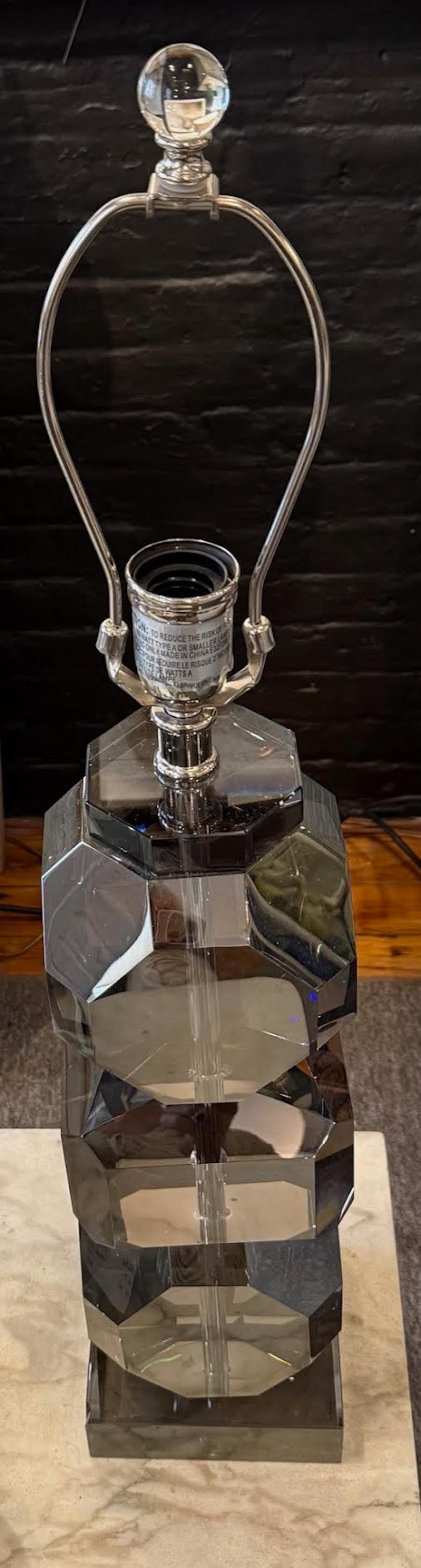 Contemporary Dutch smoked cut crystal stacked cubes create base for lamp.
Base measures: 5.5