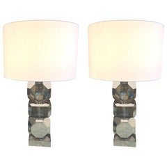 Smoked Cut Crystal Stacked Cubes Design Pair of Lamps, Dutch, Contemporary