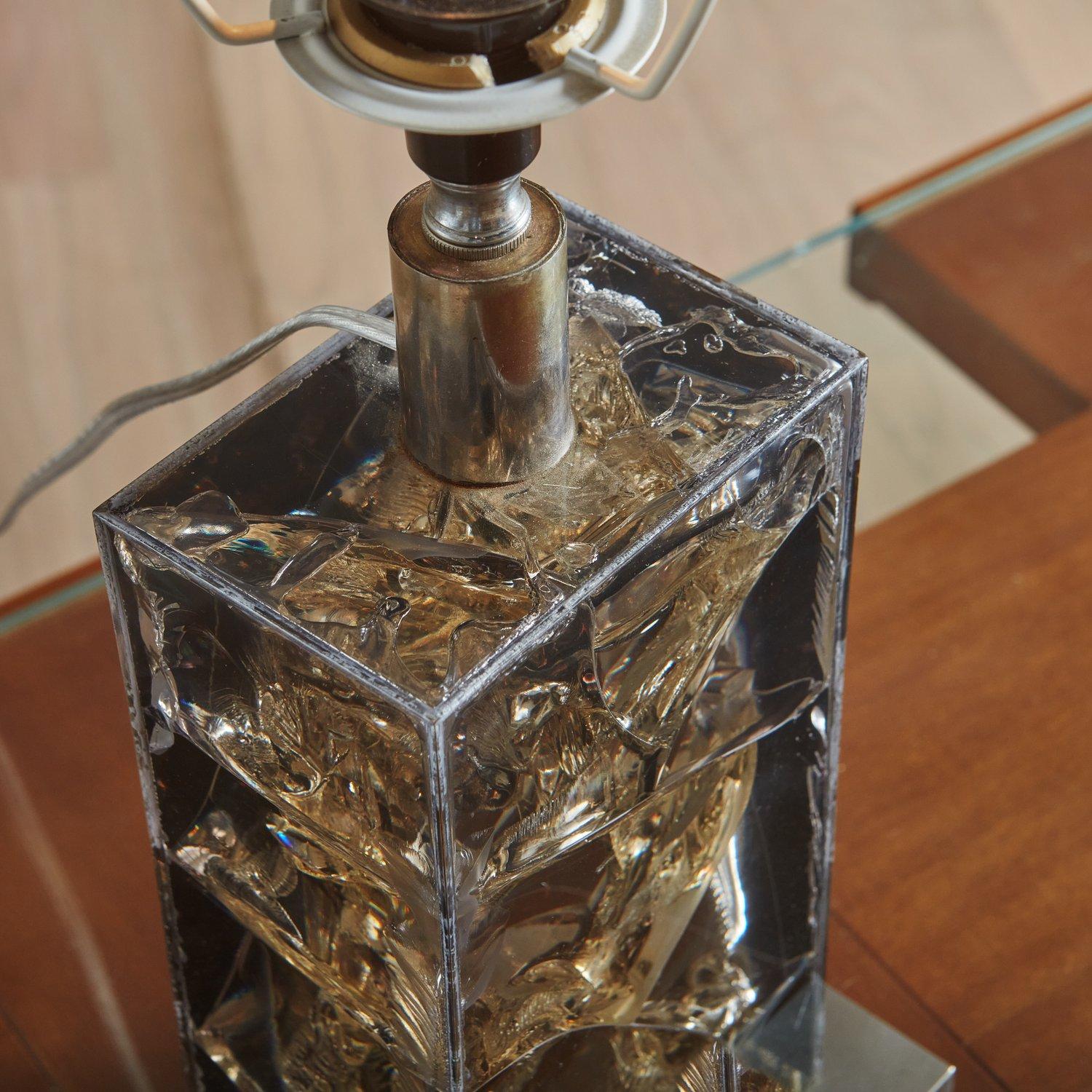 Smoked Fractured Resin + Chrome Table Lamp, France 20th Century In Good Condition For Sale In Chicago, IL