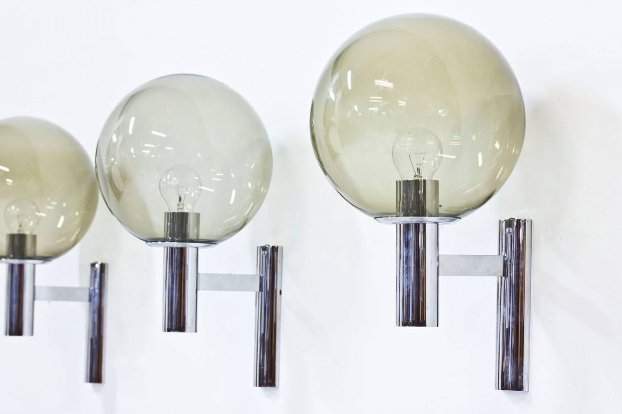 Mid-Century Modern Smoked Glass and Chrome Wall Lamps, Italy, 1960s, Set of Three