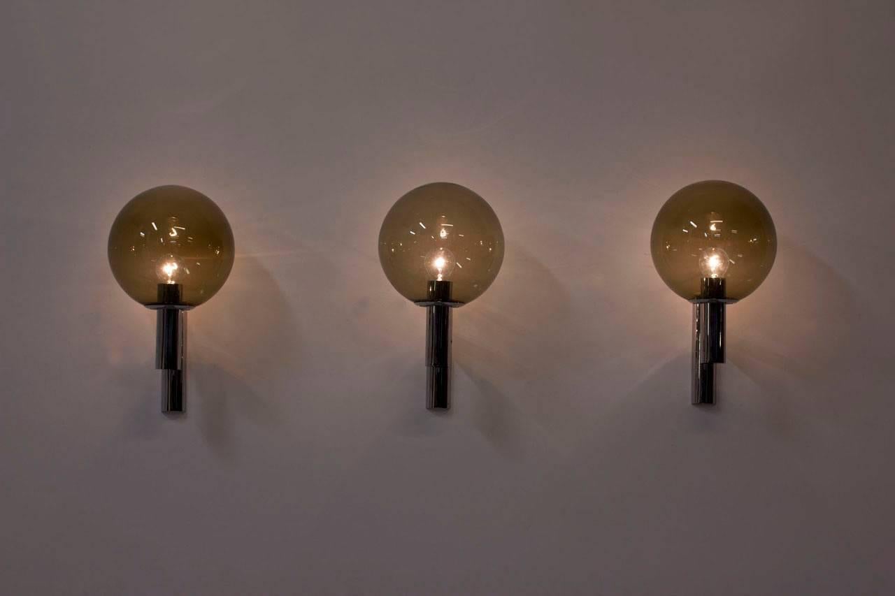 Smoked Glass and Chrome Wall Lamps, Italy, 1960s, Set of Three In Excellent Condition In Stockholm, SE
