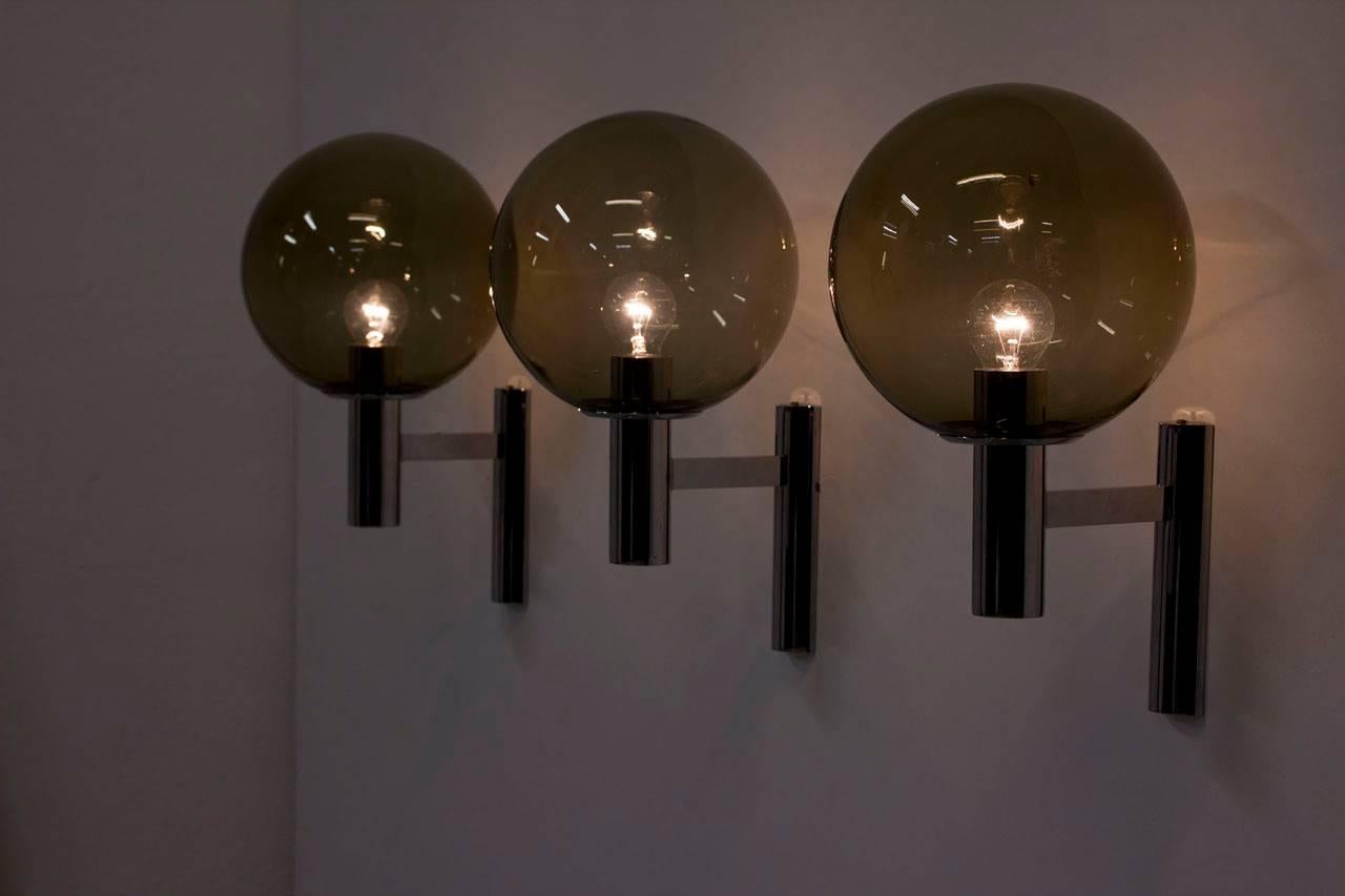 Smoked Glass and Chrome Wall Lamps, Italy, 1960s, Set of Three 1