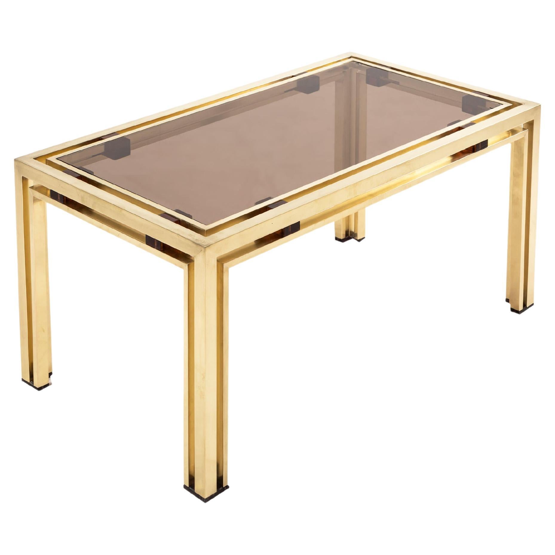 Smoked Glass and Amber Lucite Coffee Table with Brass Frame by Romeo Rega For Sale