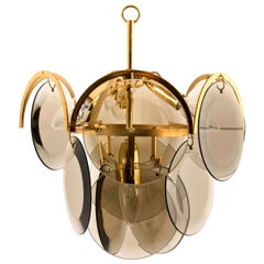 Vintage Smoked Glass and Brass Chandelier Attributed to Vistosi, Italy, 1970s