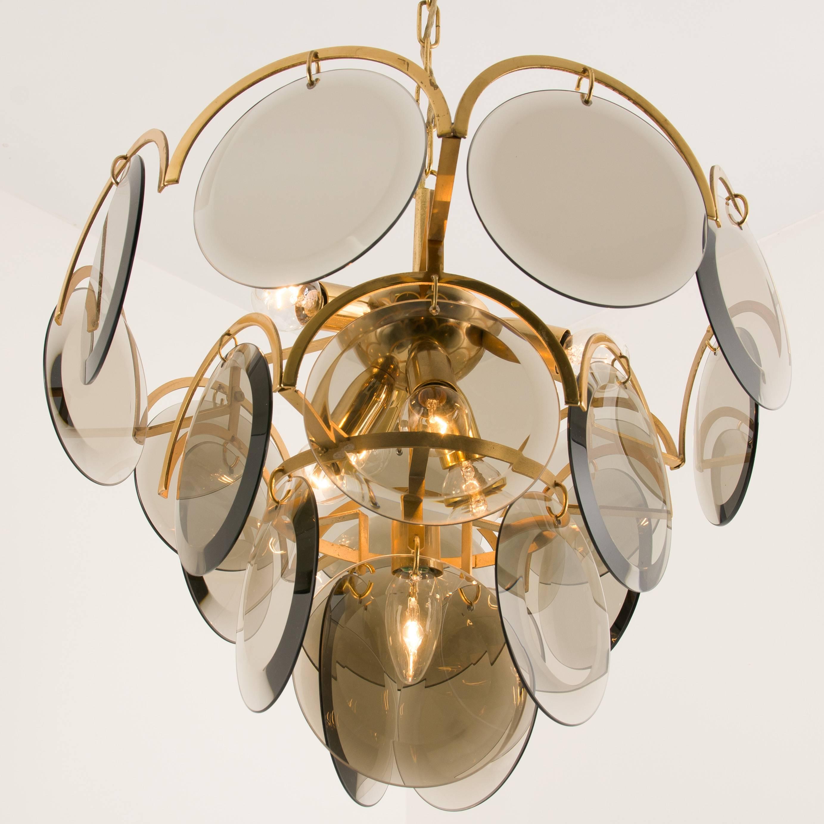 Smoked Glass and Brass Chandelier Attributed to Vistosi, Italy, 1970s 2