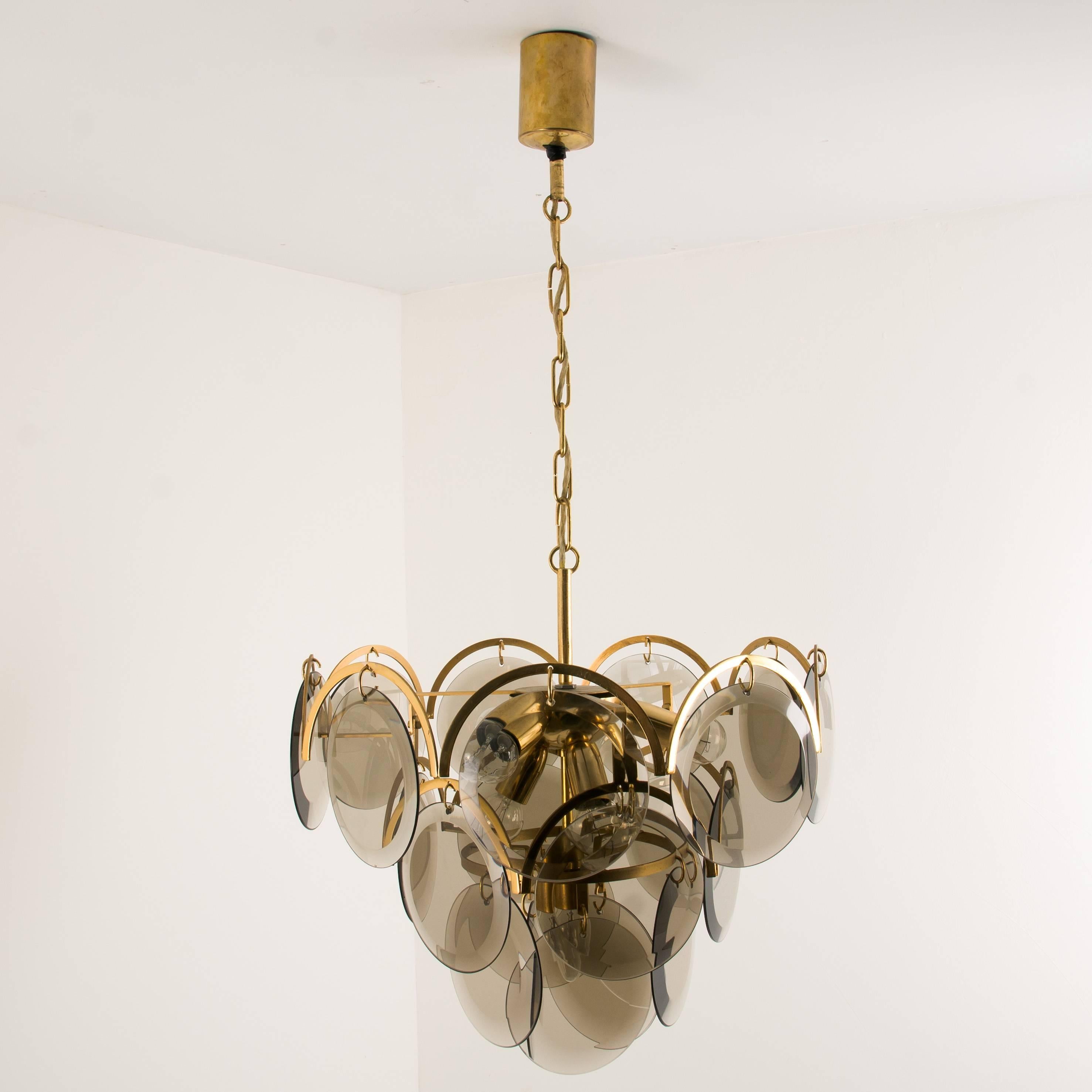 Smoked Glass and Brass Chandelier Attributed to Vistosi, Italy, 1970s 3
