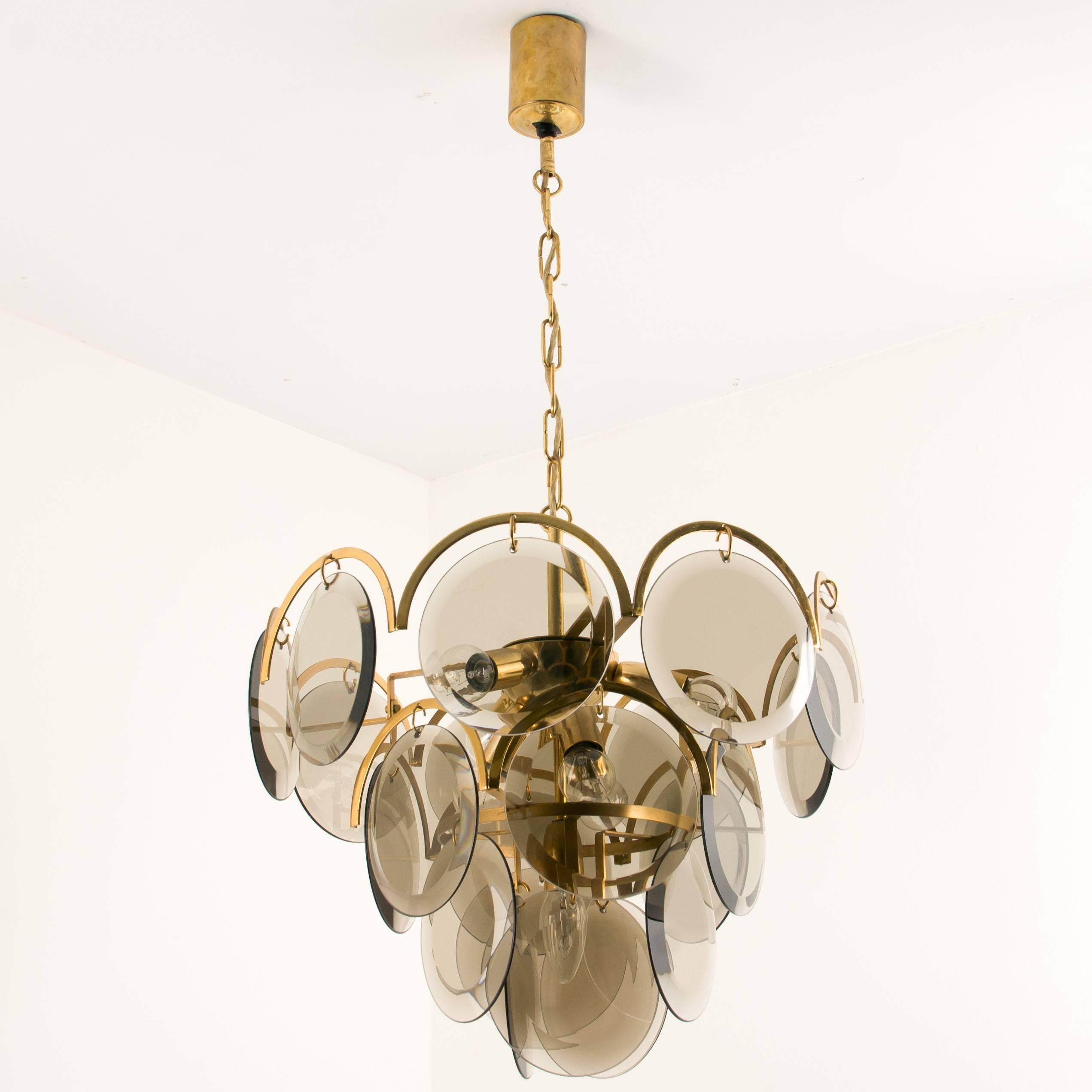 Smoked Glass and Brass Chandelier Attributed to Vistosi, Italy, 1970s 4