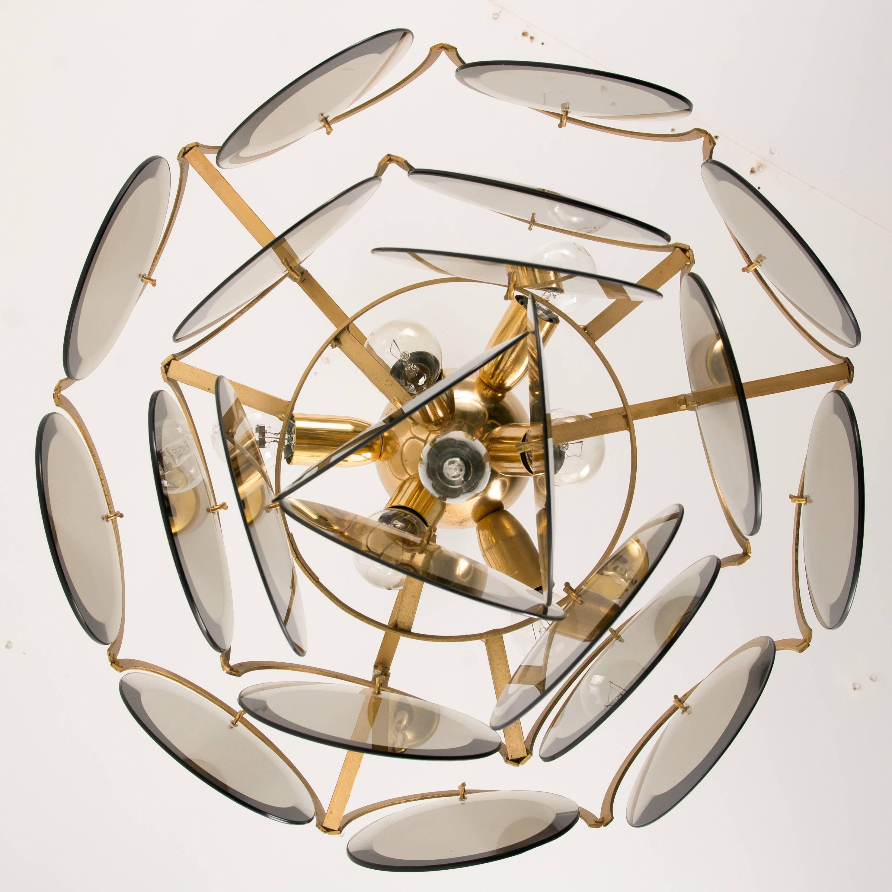 Smoked Glass and Brass Chandelier Attributed to Vistosi, Italy, 1970s 5