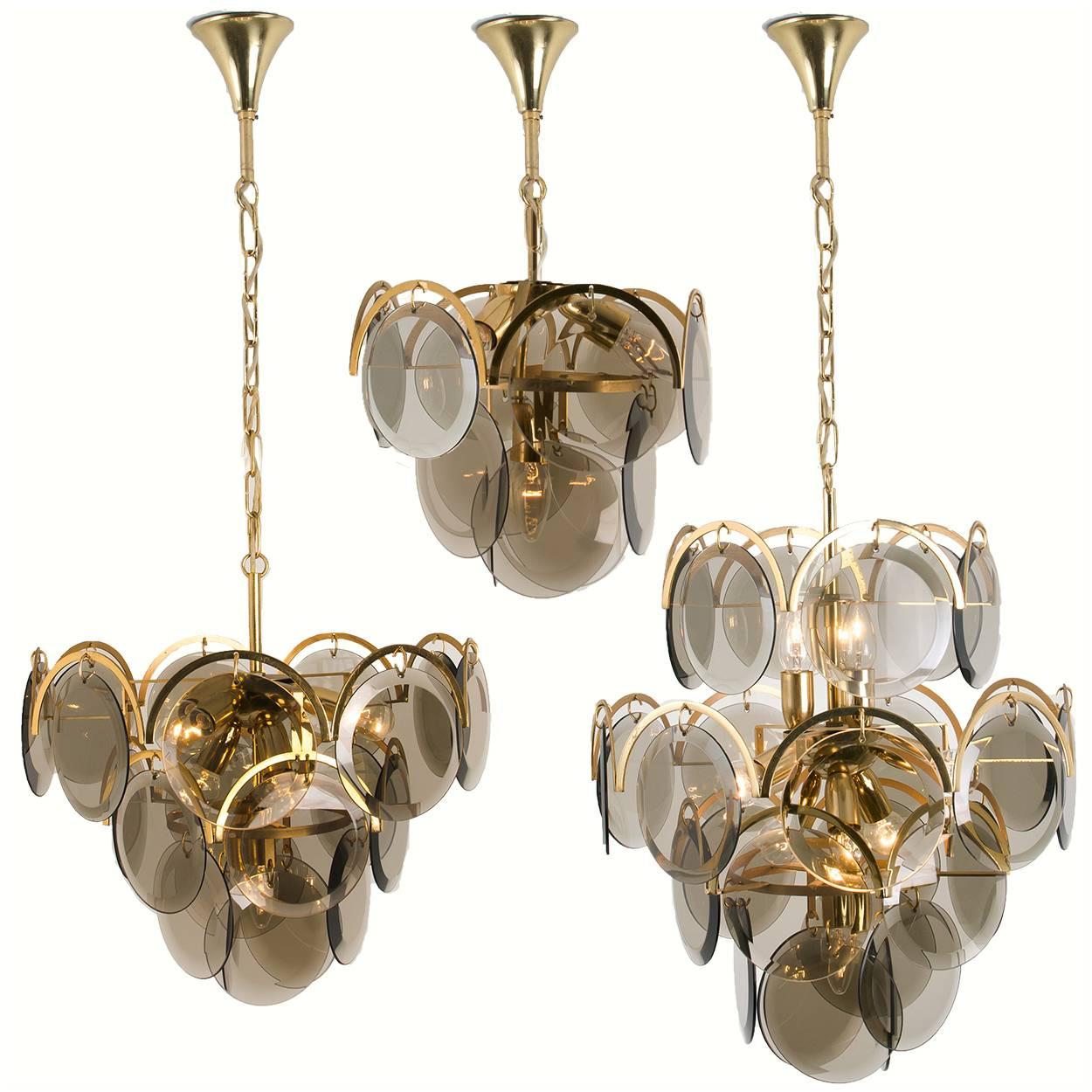 Smoked Glass and Brass Chandelier Attributed to Vistosi, Italy, 1970s 8