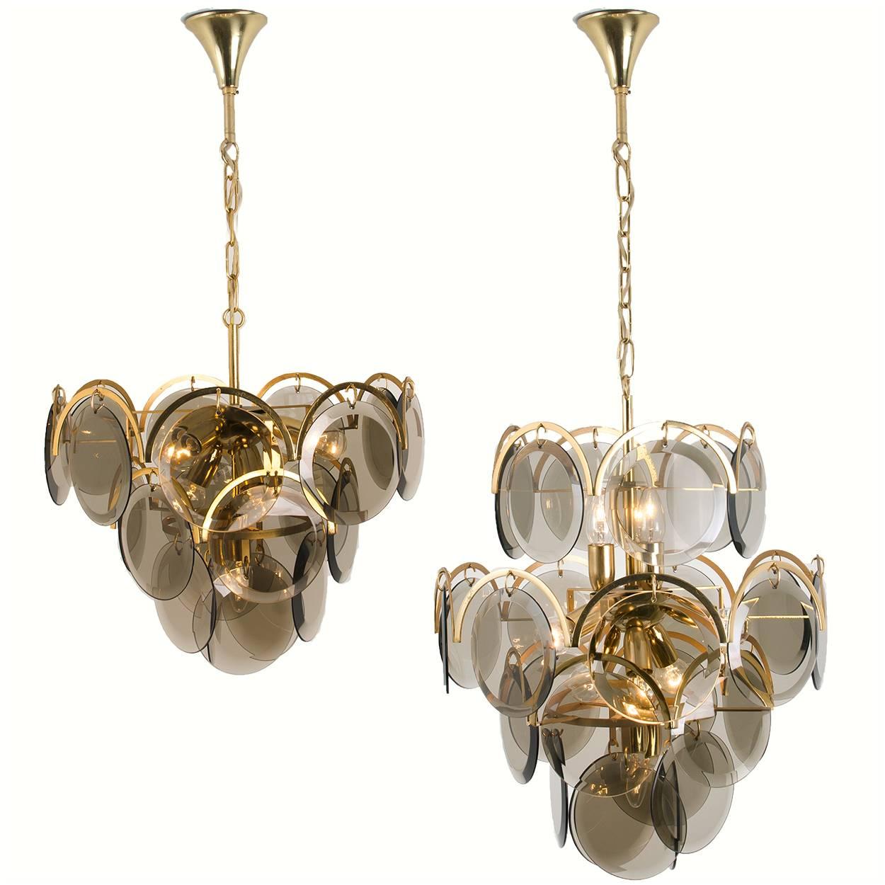 Smoked Glass and Brass Chandelier Attributed to Vistosi, Italy, 1970s 9