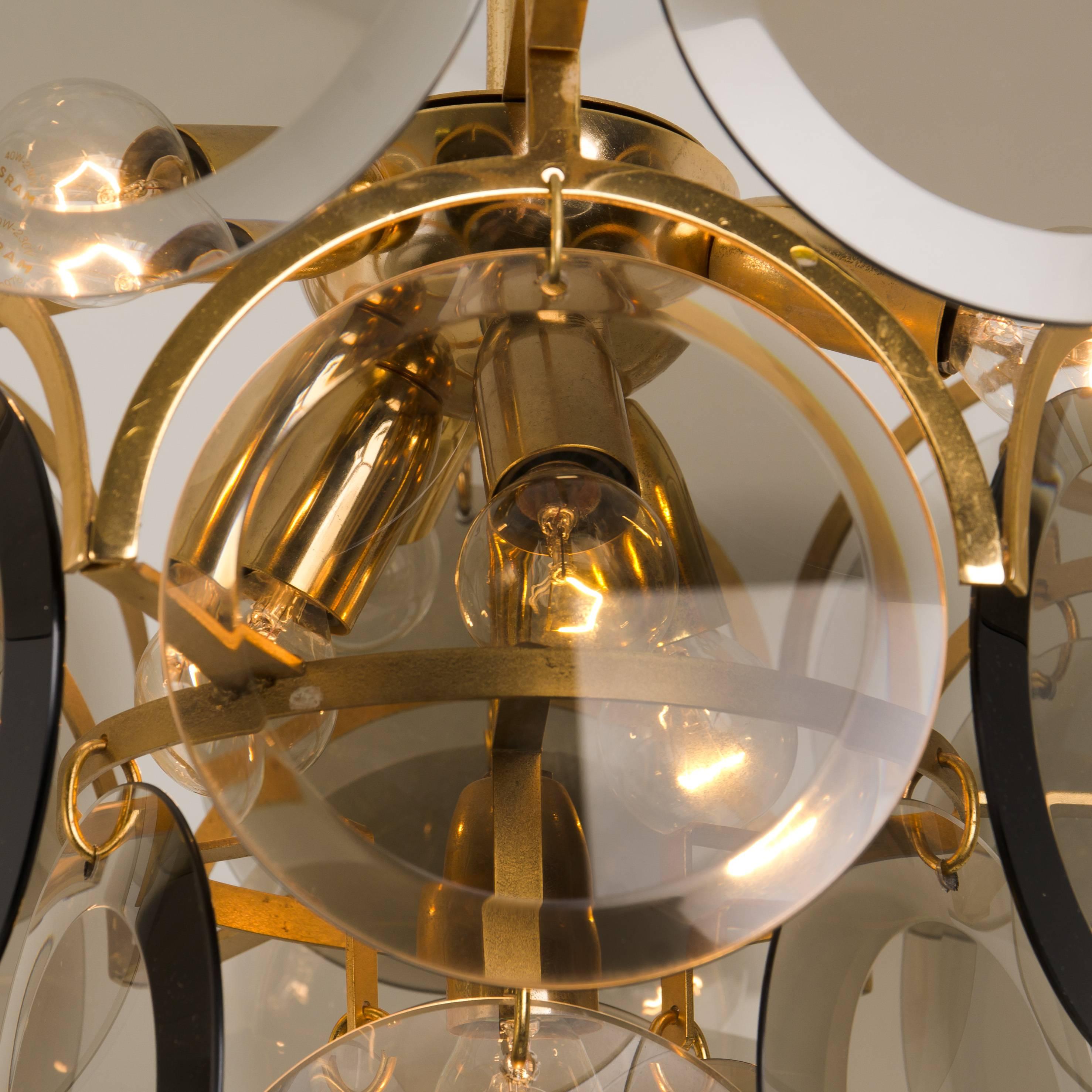 Italian Smoked Glass and Brass Chandelier Attributed to Vistosi, Italy, 1970s