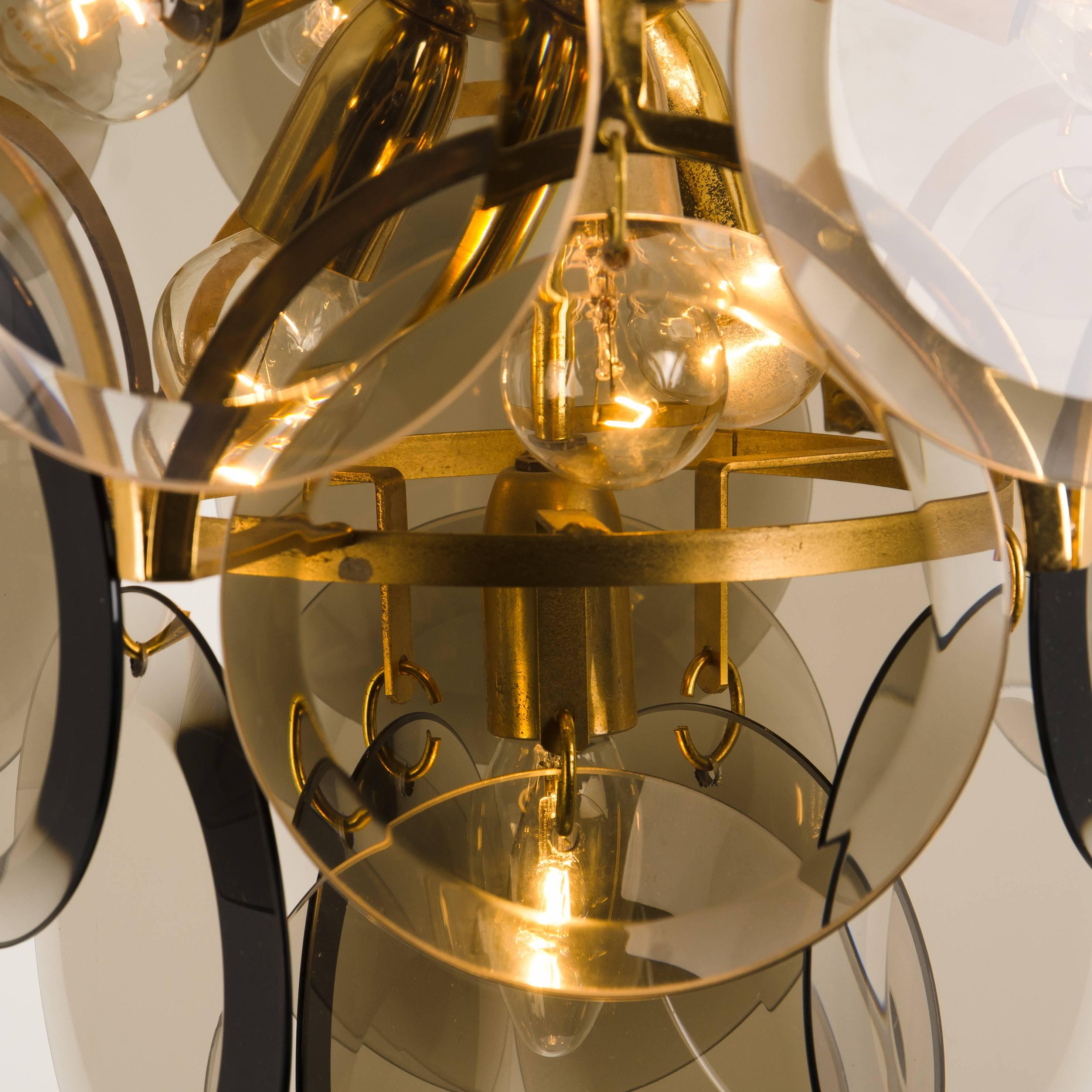Galvanized Smoked Glass and Brass Chandelier Attributed to Vistosi, Italy, 1970s