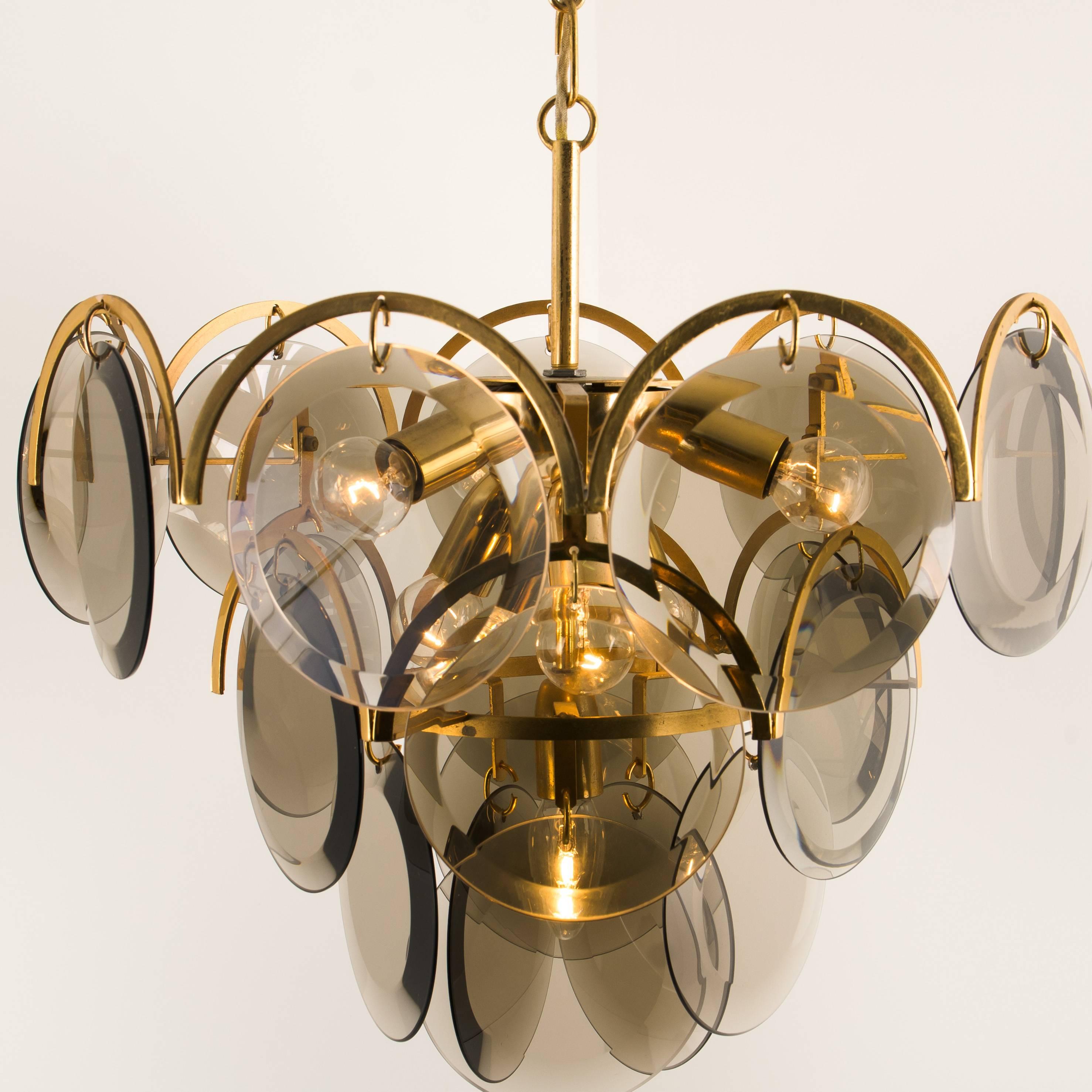 Smoked Glass and Brass Chandelier Attributed to Vistosi, Italy, 1970s 1