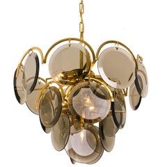 Vintage Smoked Glass and Brass Chandelier Attributed to Vistosi, Italy, 1970s