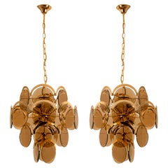 Vintage Smoked Glass and Brass Chandelier in the Style of Vistosi, Italy, 1970