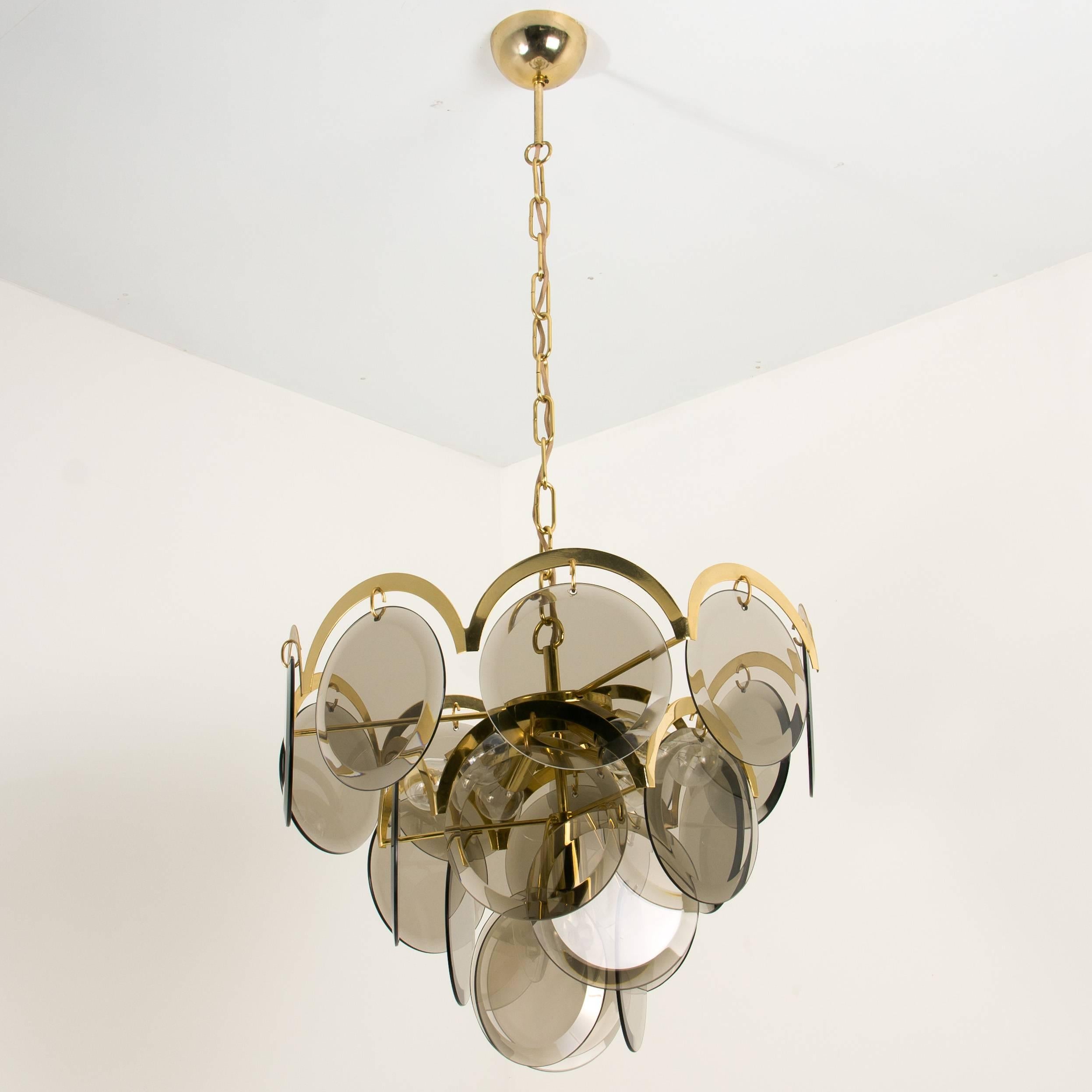Mid-Century Modern Smoked Glass and Brass Chandeliers in the Style of Vistosi, Italy