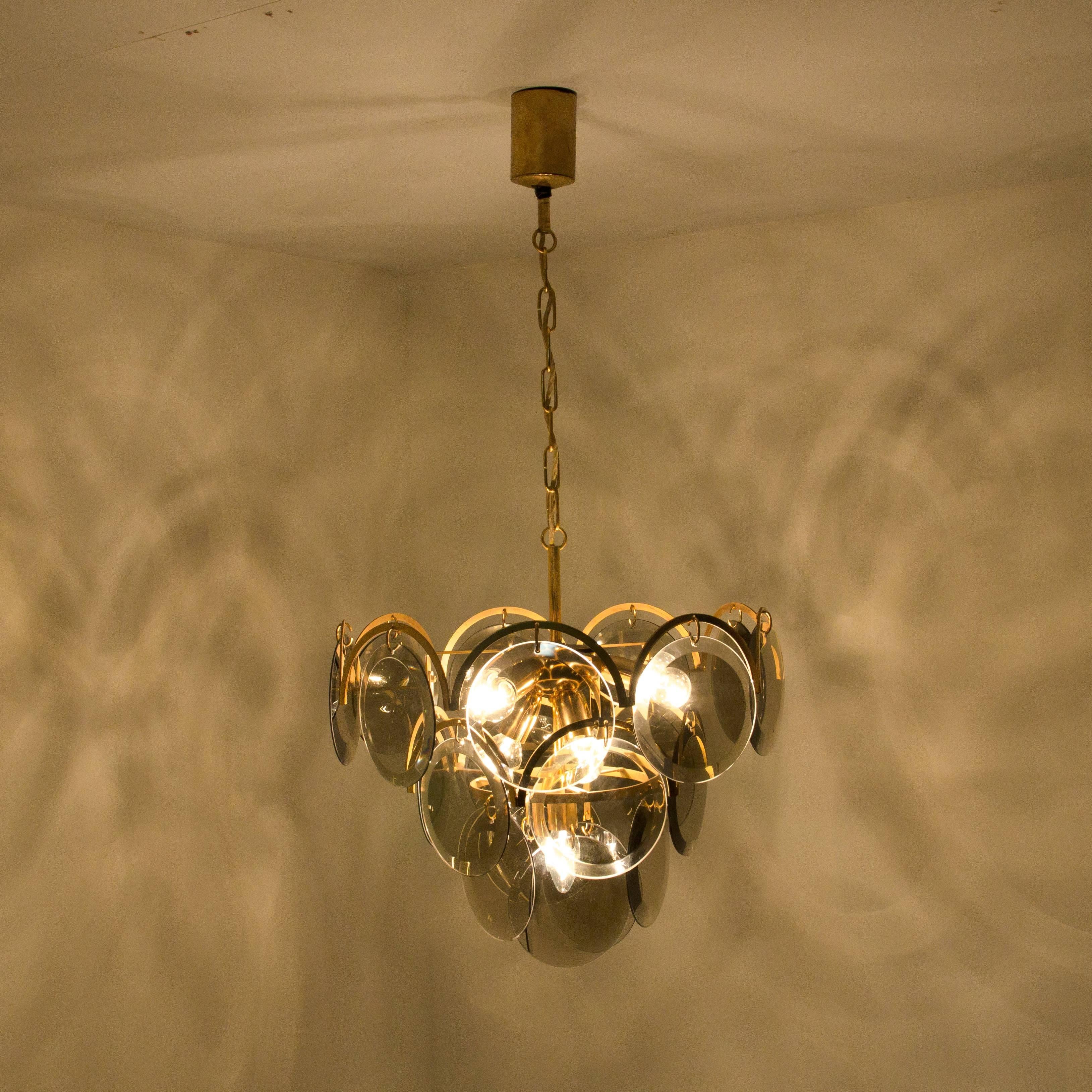 Metal Smoked Glass and Brass Chandeliers in the Style of Vistosi, Italy