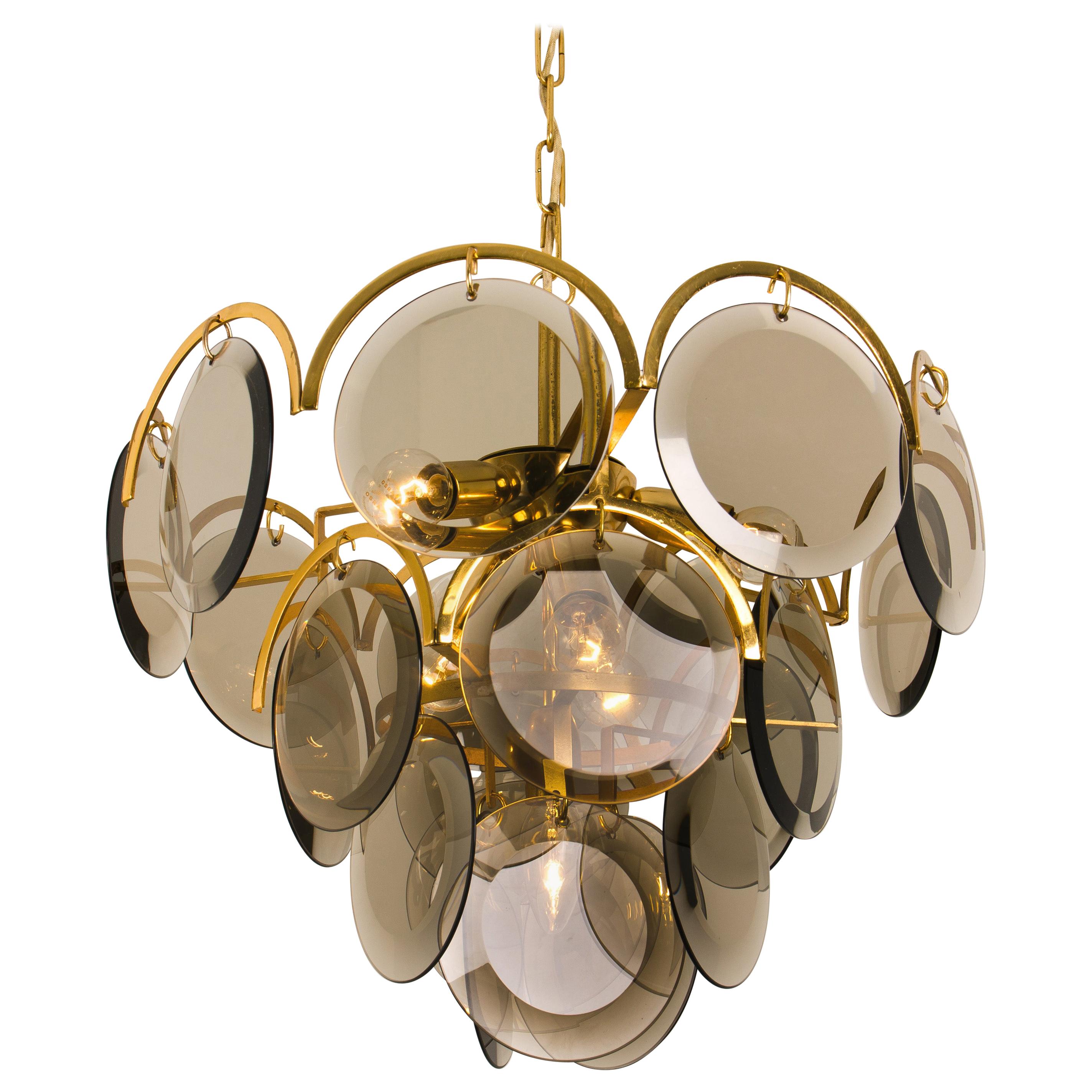 Smoked Glass and Brass Chandeliers in the Style of Vistosi, Italy