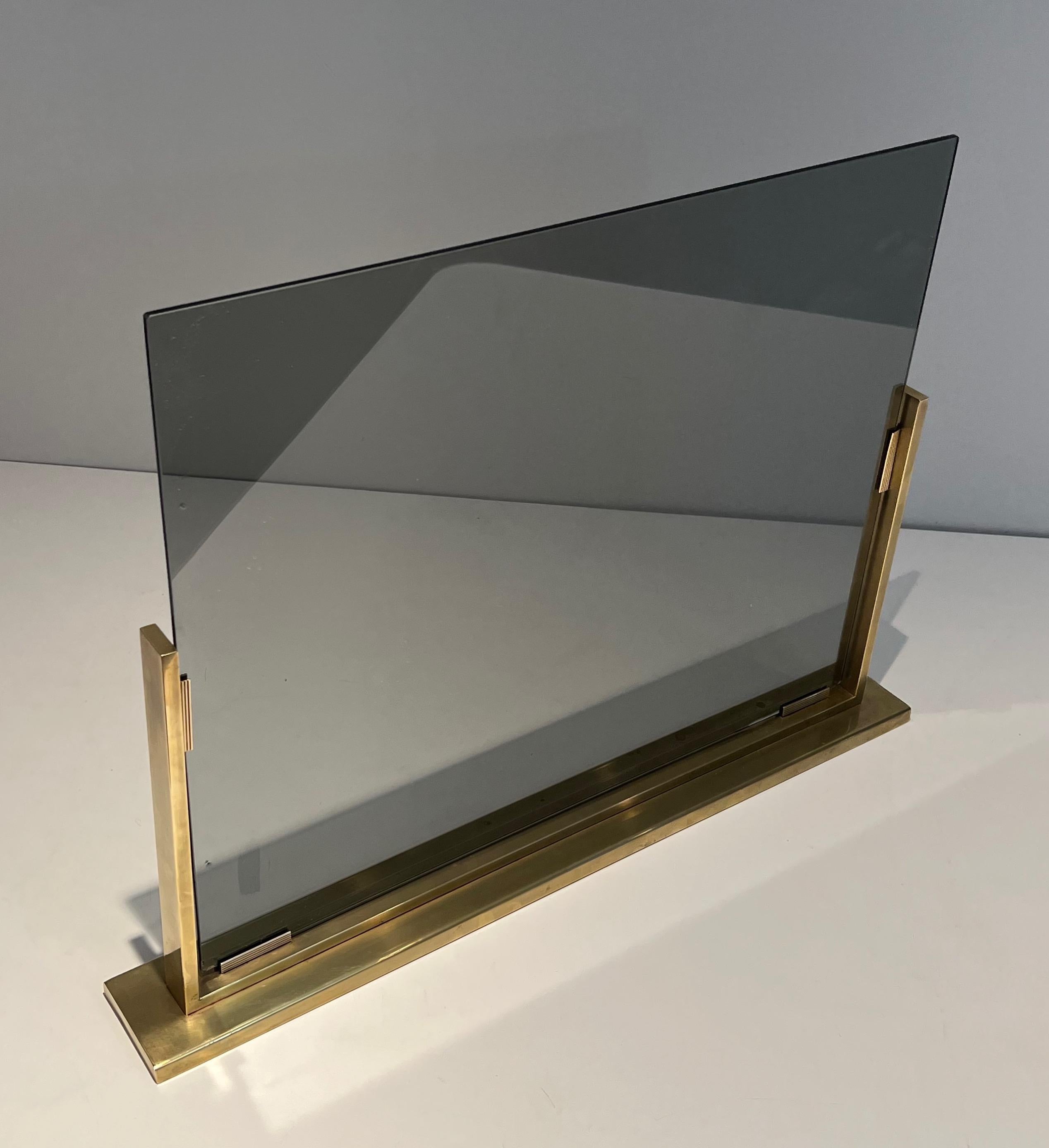 Smoked Glass and Brass Fireplace Screen For Sale 6