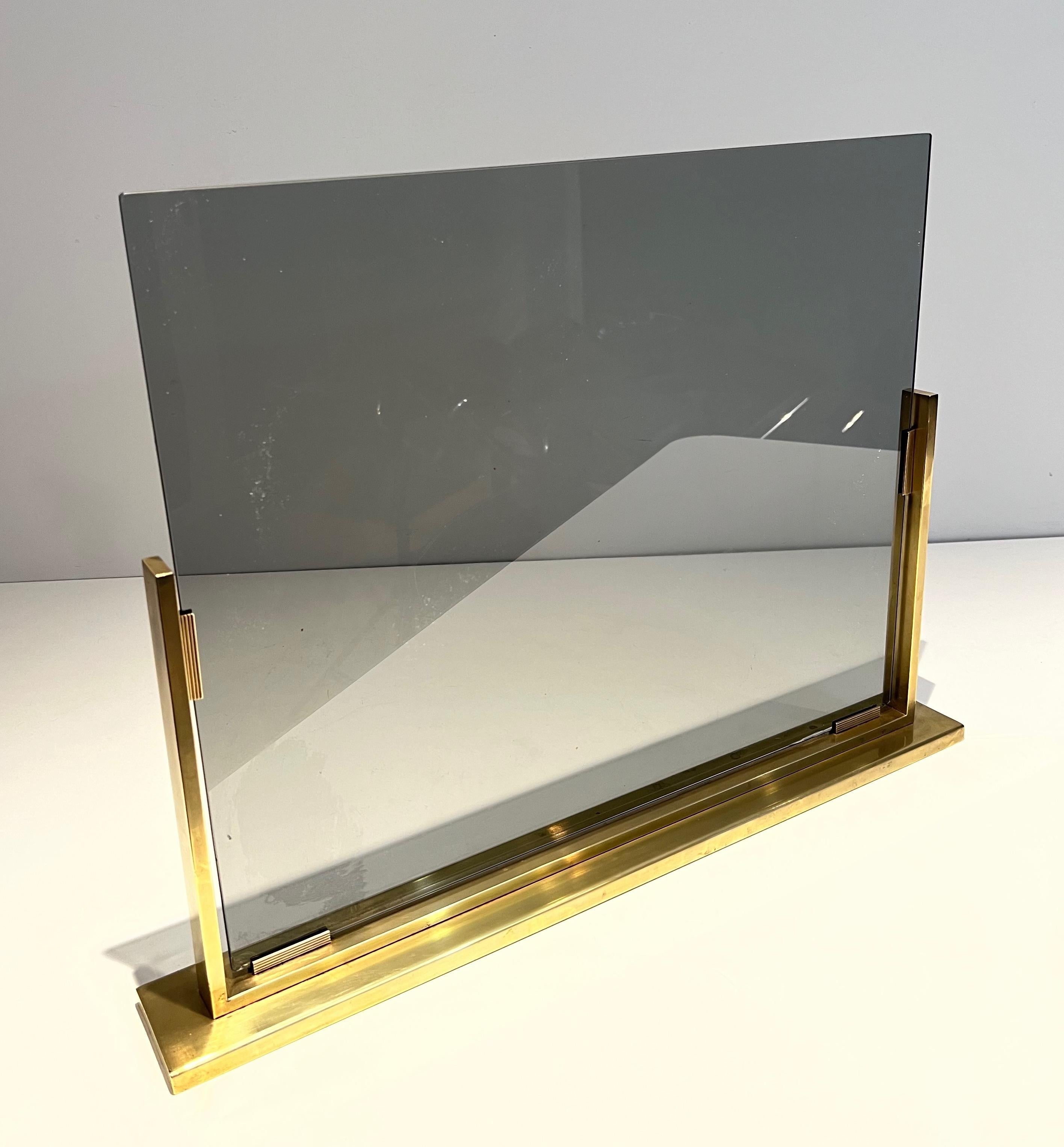 Smoked Glass and Brass Fireplace Screen For Sale 13