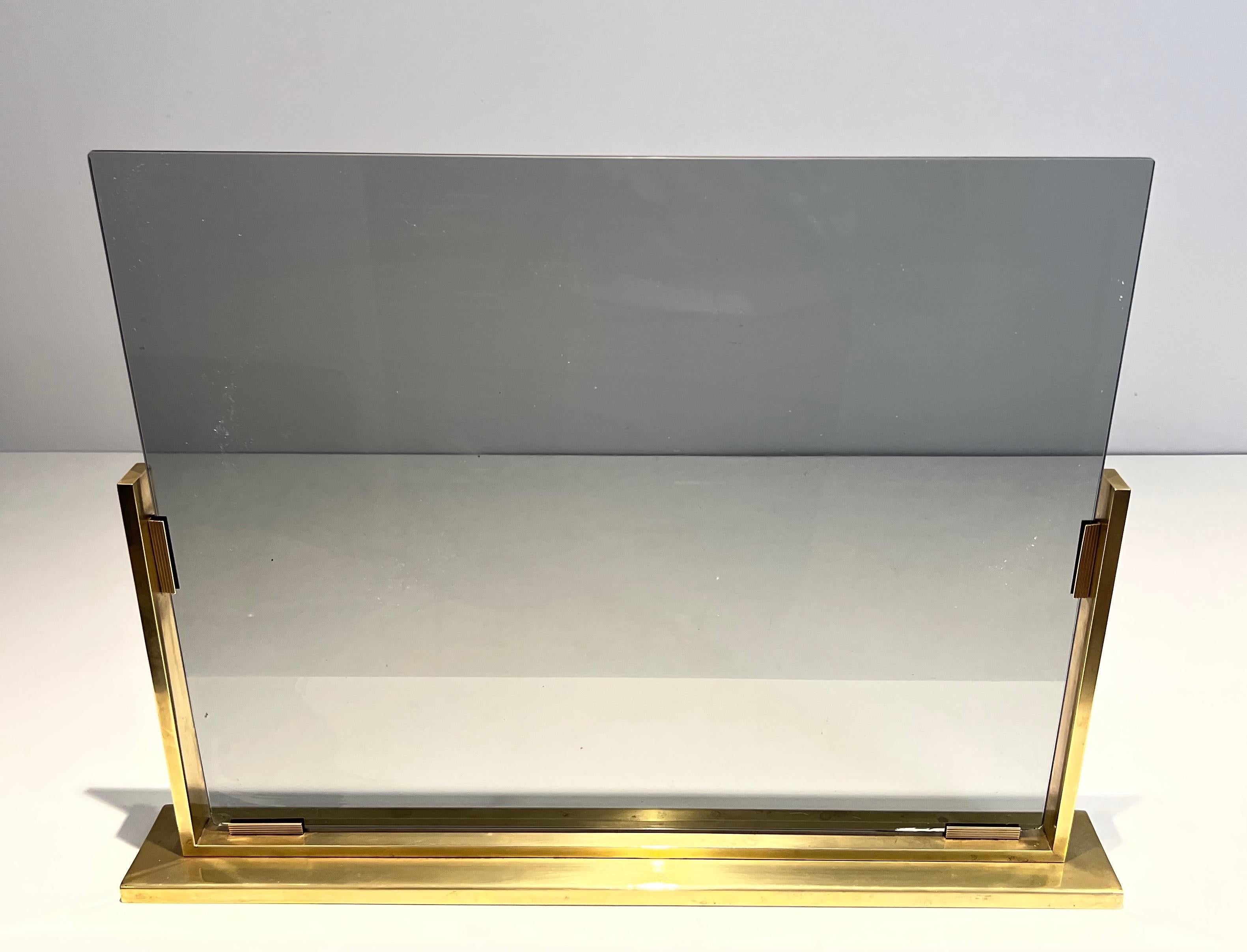 Mid-Century Modern Smoked Glass and Brass Fireplace Screen For Sale