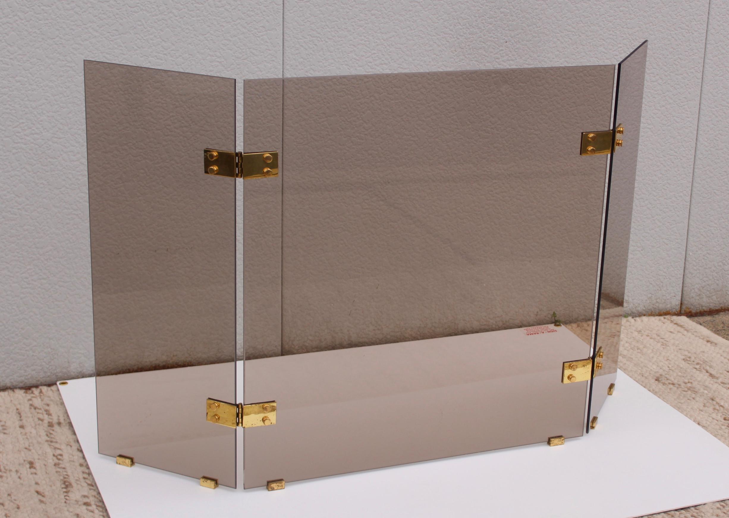 American Smoked Glass and Brass Folding Fireplace Screen