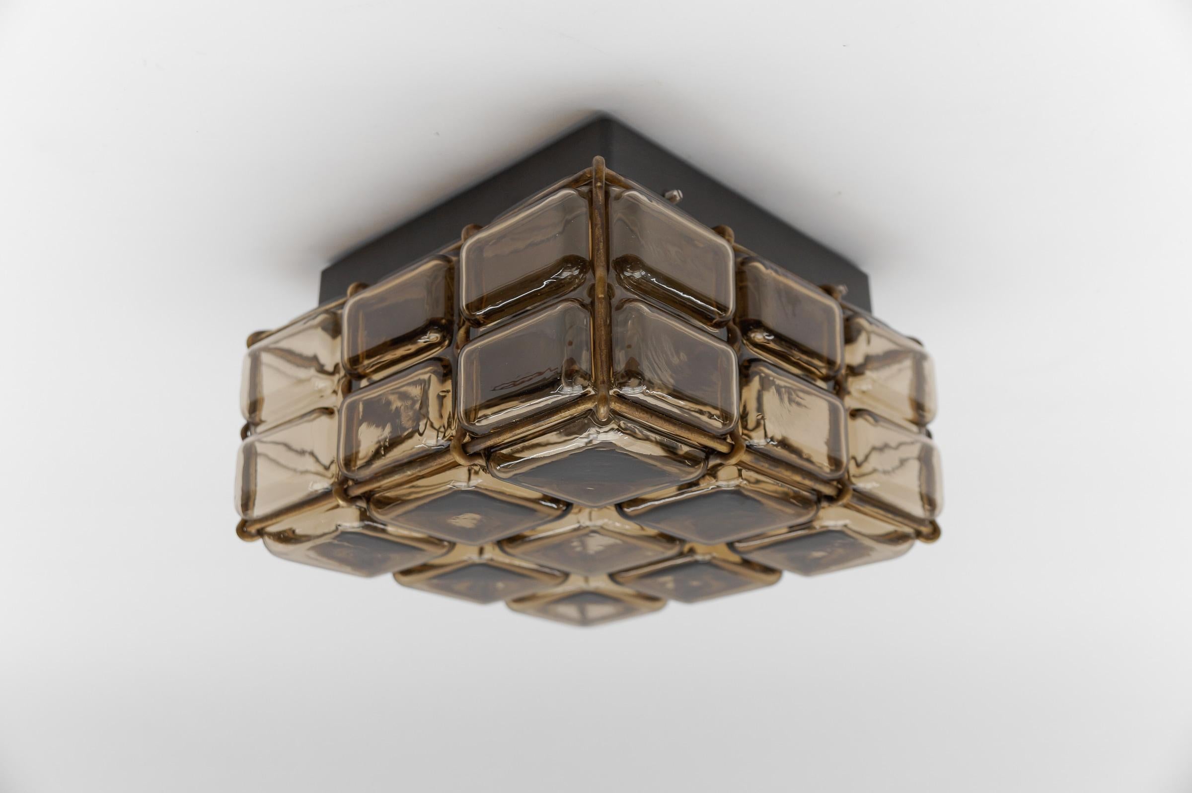 Rare Smoked Glass and Brass Grid Flush Mount 