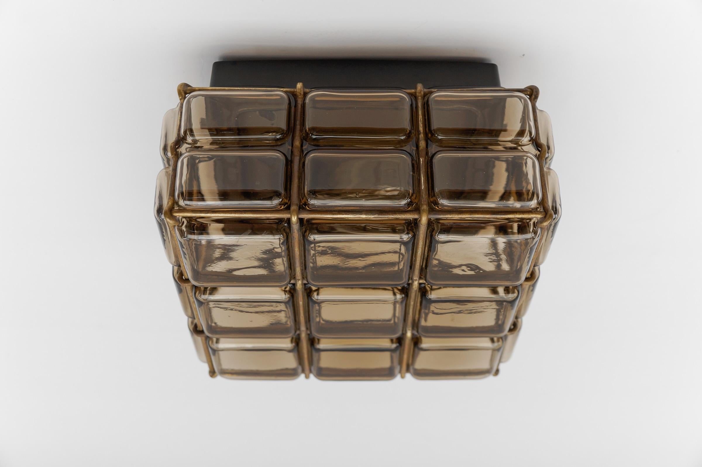 Mid-Century Modern Smoked Glass and Brass Grid Flush Mount 